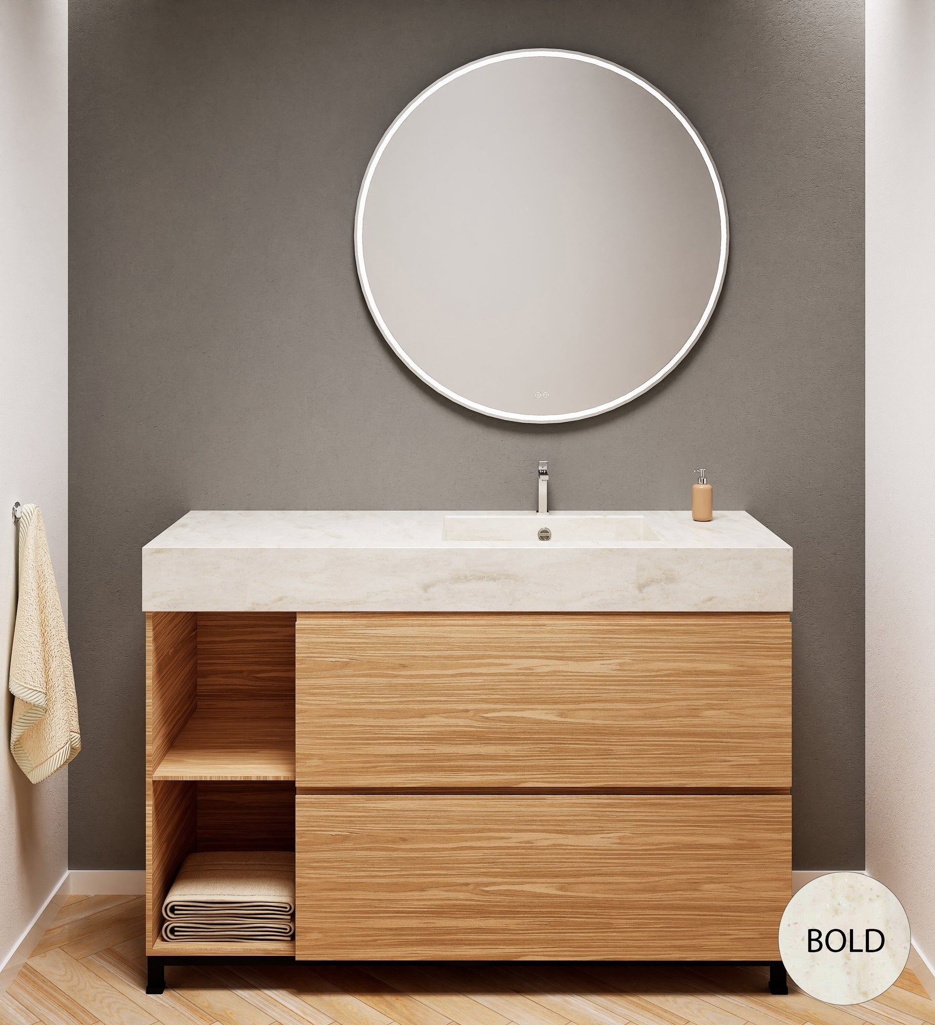 Aurora – Corian® Basin Unit with 2 Drawers, 2 Side Shelves, and Feet-Standing Vanity - ROVALUX