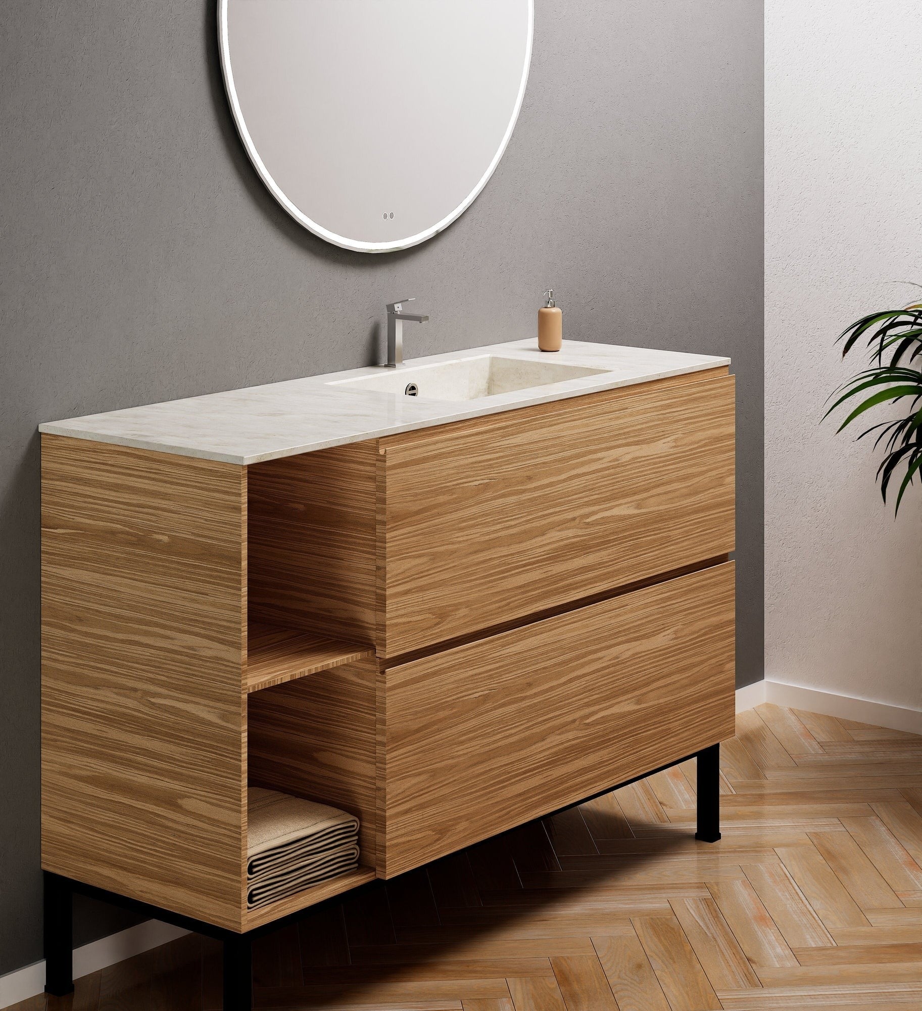 Aurora – Corian® Basin Unit with 2 Drawers, 2 Side Shelves, and Feet-Standing Vanity - ROVALUX