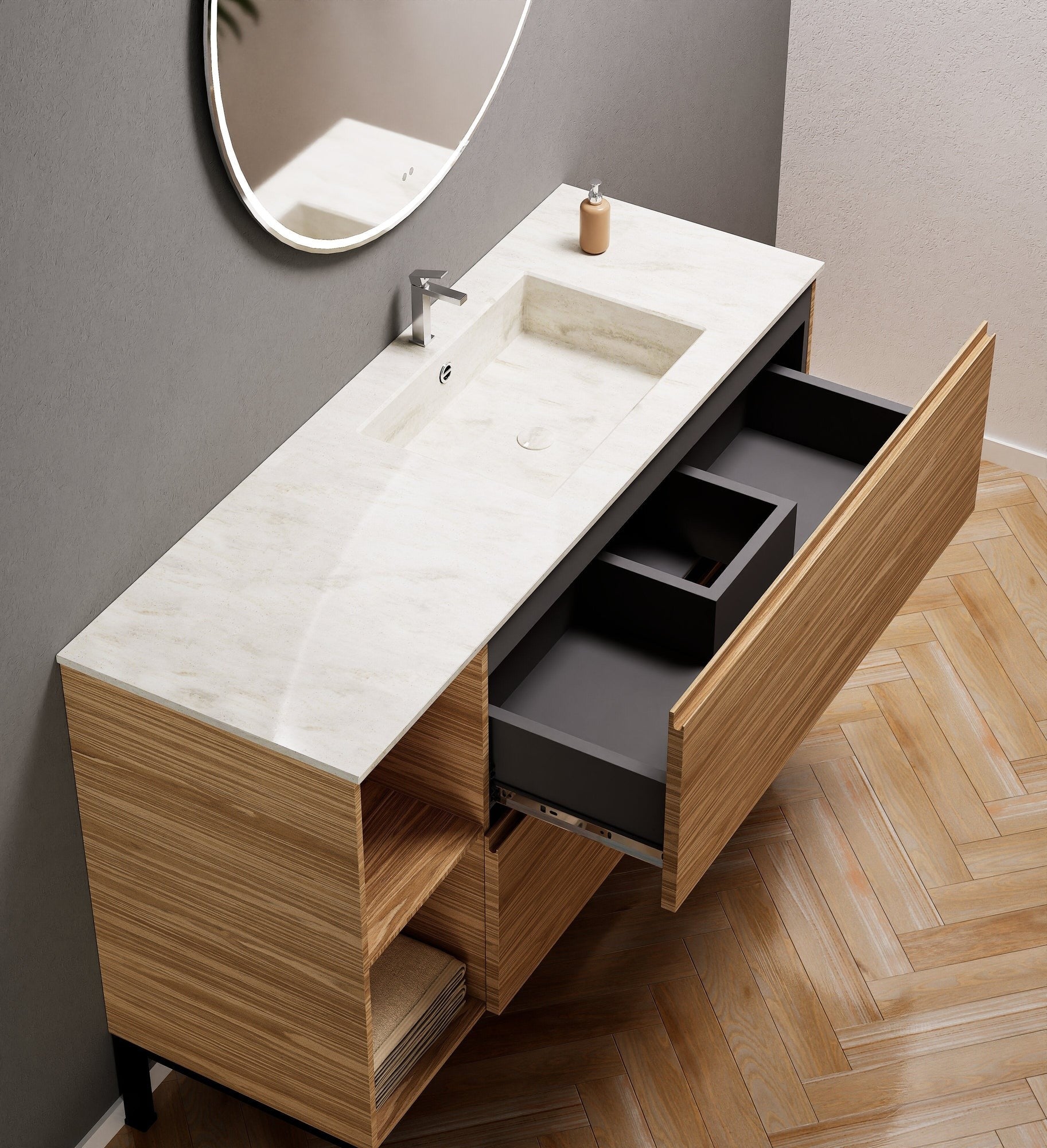 Aurora – Corian® Basin Unit with 2 Drawers, 2 Side Shelves, and Feet-Standing Vanity - ROVALUX