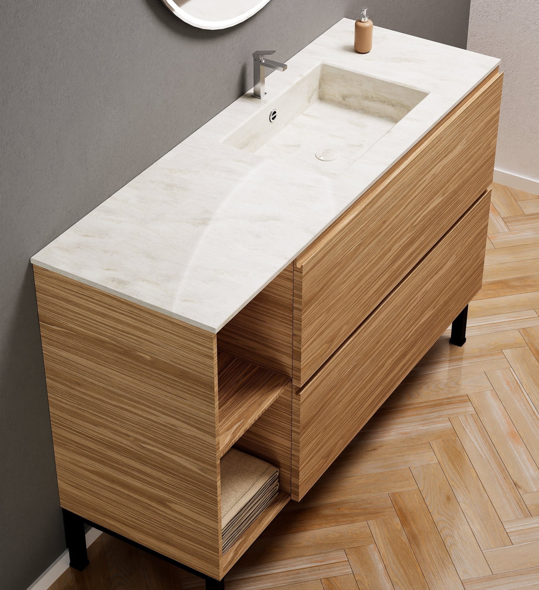Aurora – Corian® Basin Unit with 2 Drawers, 2 Side Shelves, and Feet-Standing Vanity - ROVALUX