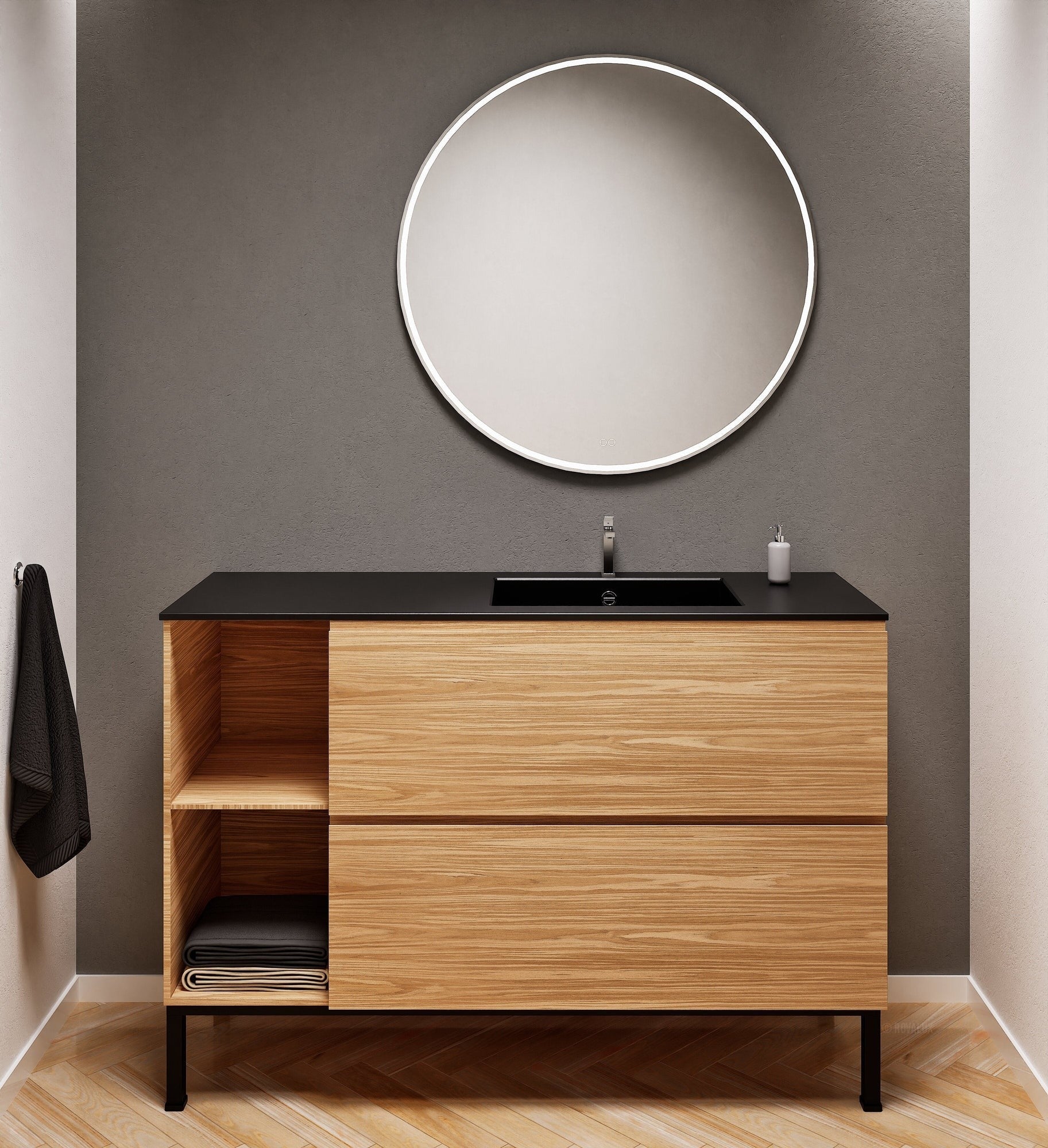 Aurora – Corian® Basin Unit with 2 Drawers, 2 Side Shelves, and Feet-Standing Vanity - ROVALUX