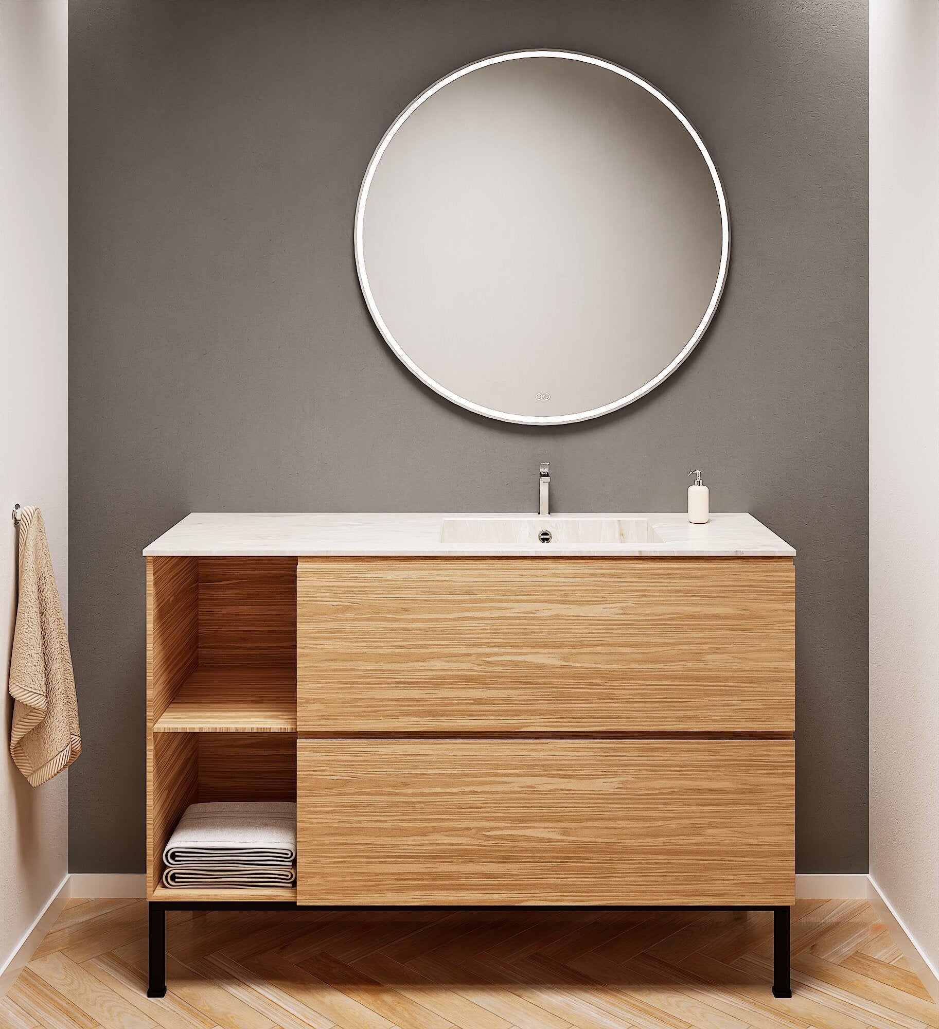 Aurora – Corian® Basin Unit with 2 Drawers, 2 Side Shelves, and Feet-Standing Vanity - ROVALUX
