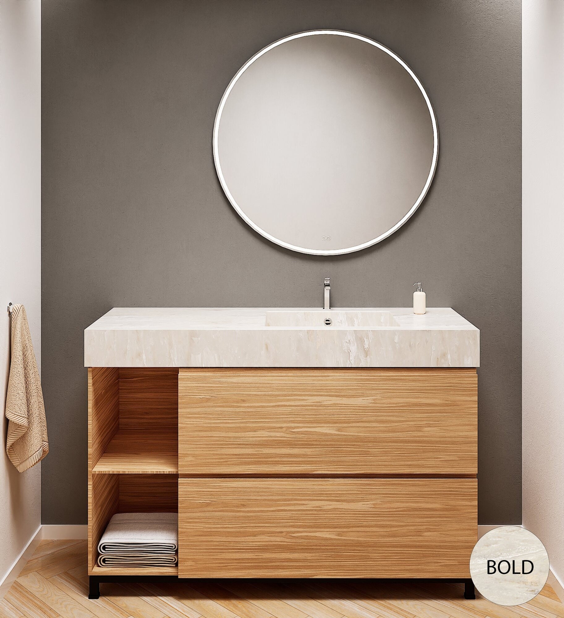 Aurora – Corian® Basin Unit with 2 Drawers, 2 Side Shelves, and Feet-Standing Vanity - ROVALUX