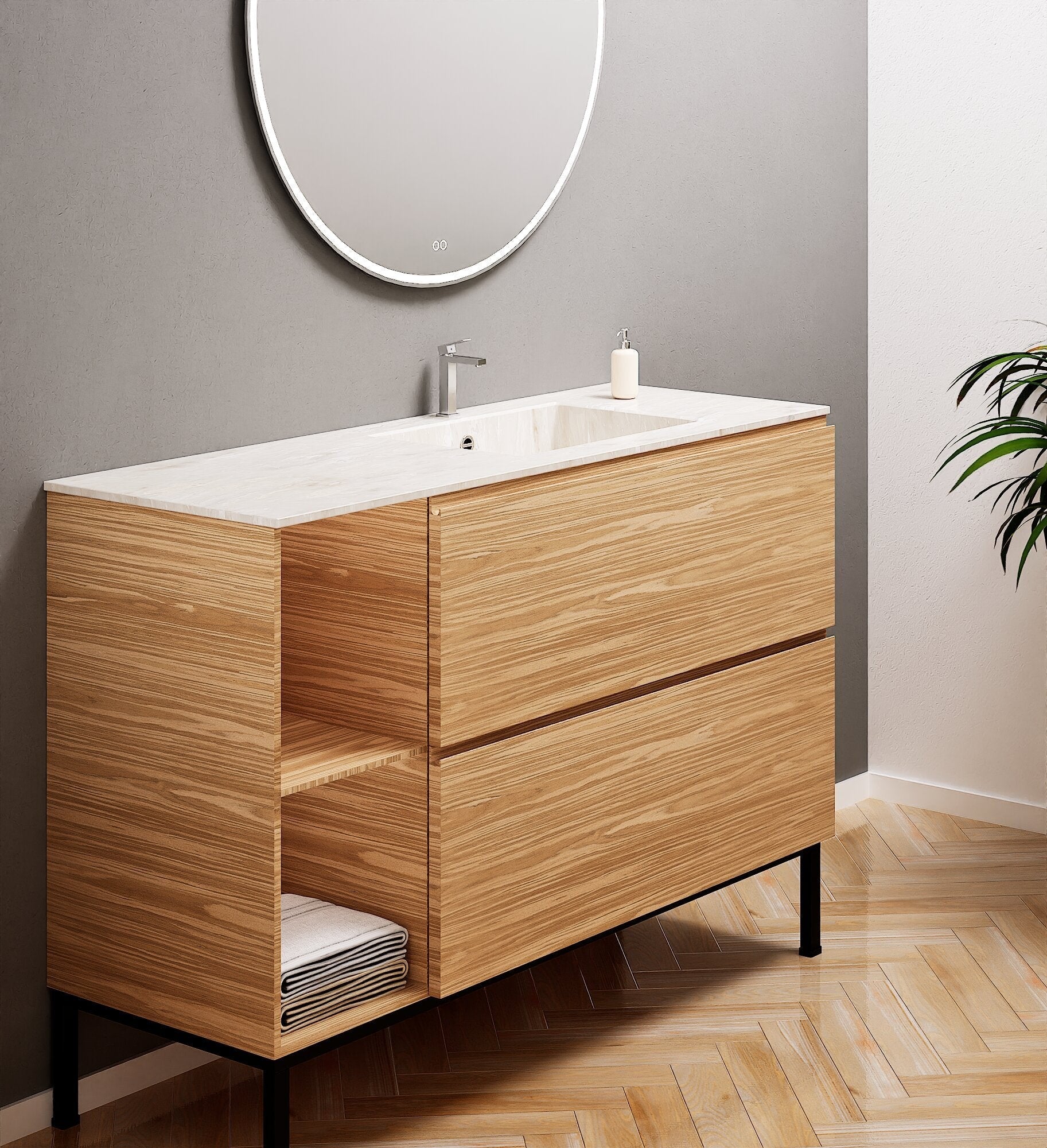 Aurora – Corian® Basin Unit with 2 Drawers, 2 Side Shelves, and Feet-Standing Vanity - ROVALUX