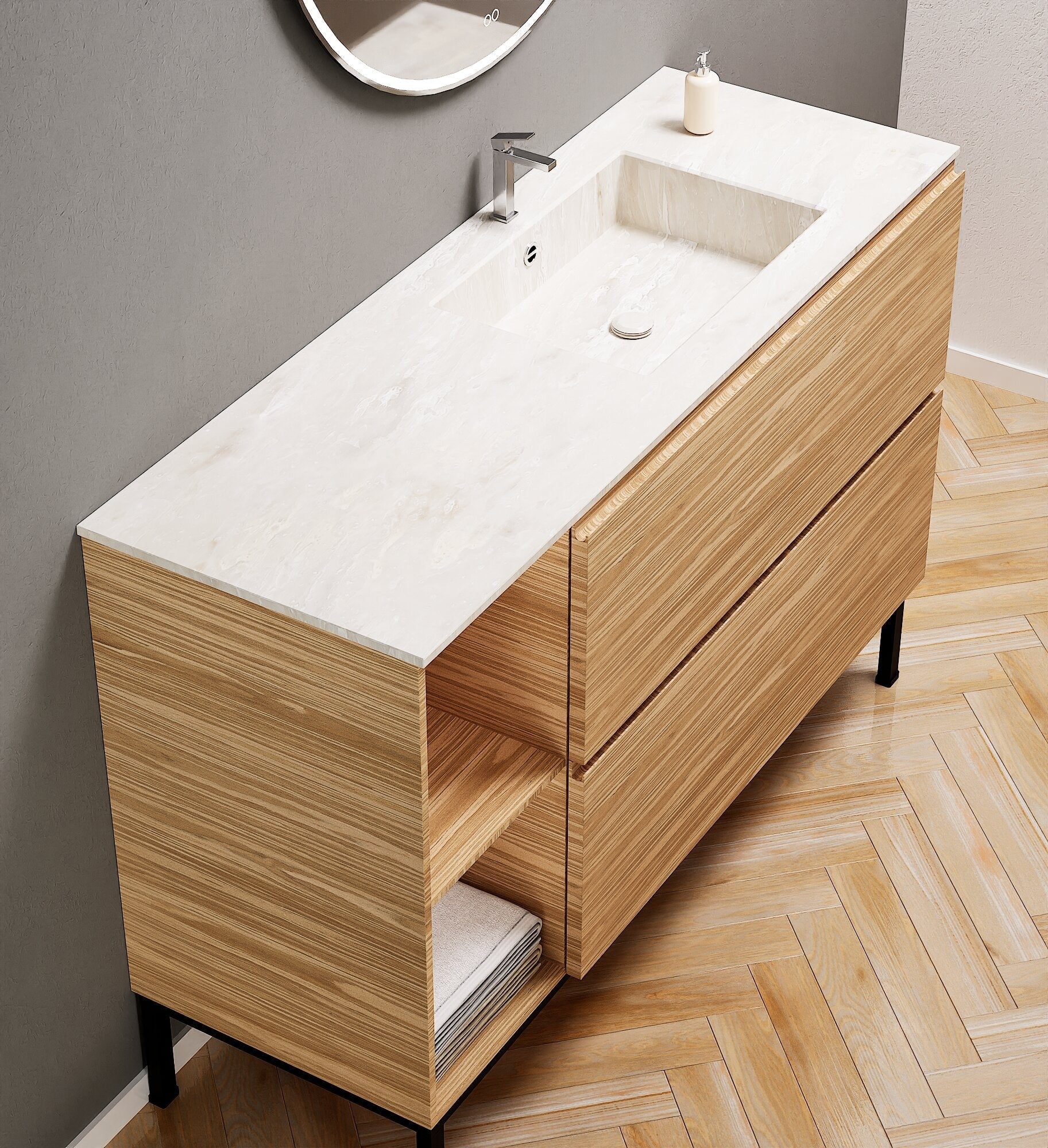 Aurora – Corian® Basin Unit with 2 Drawers, 2 Side Shelves, and Feet-Standing Vanity - ROVALUX