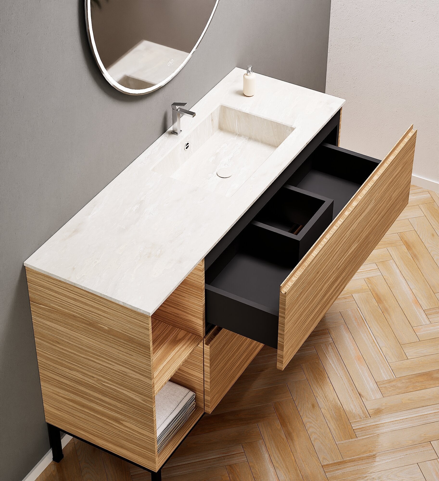Aurora – Corian® Basin Unit with 2 Drawers, 2 Side Shelves, and Feet-Standing Vanity - ROVALUX