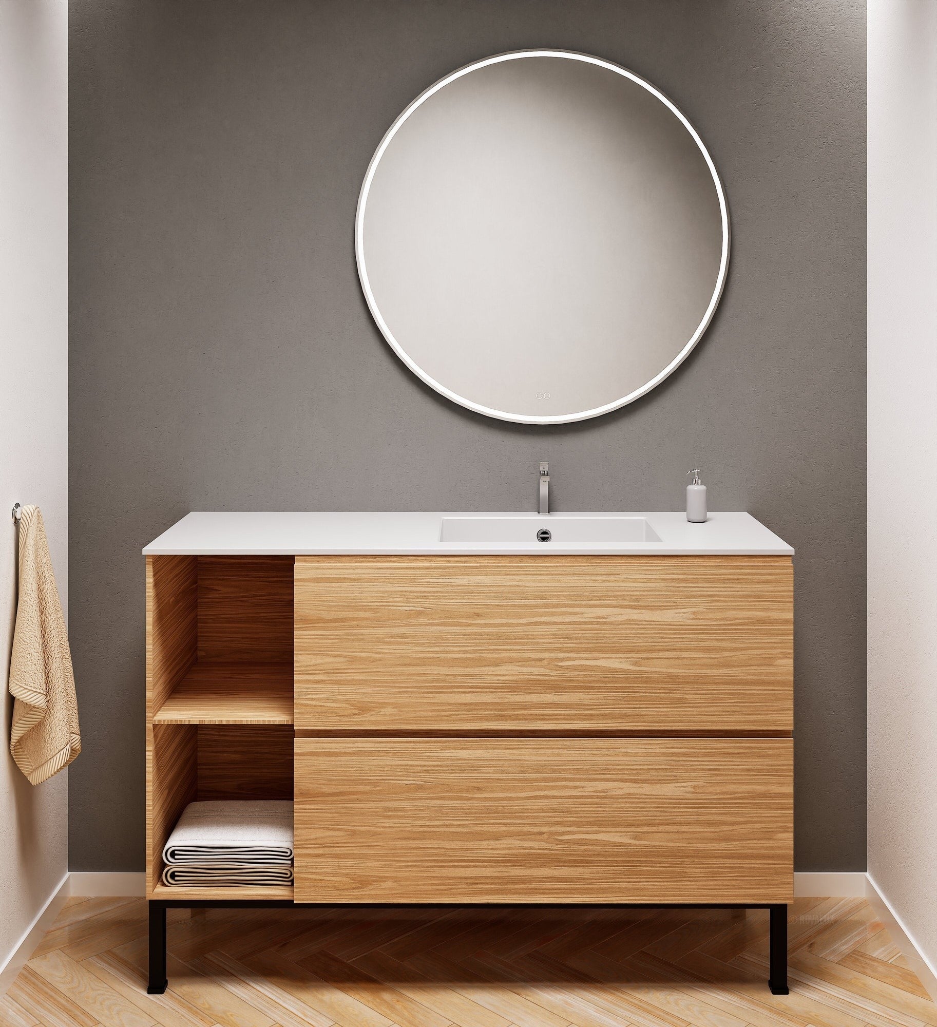 Aurora – Corian® Basin Unit with 2 Drawers, 2 Side Shelves, and Feet-Standing Vanity - ROVALUX
