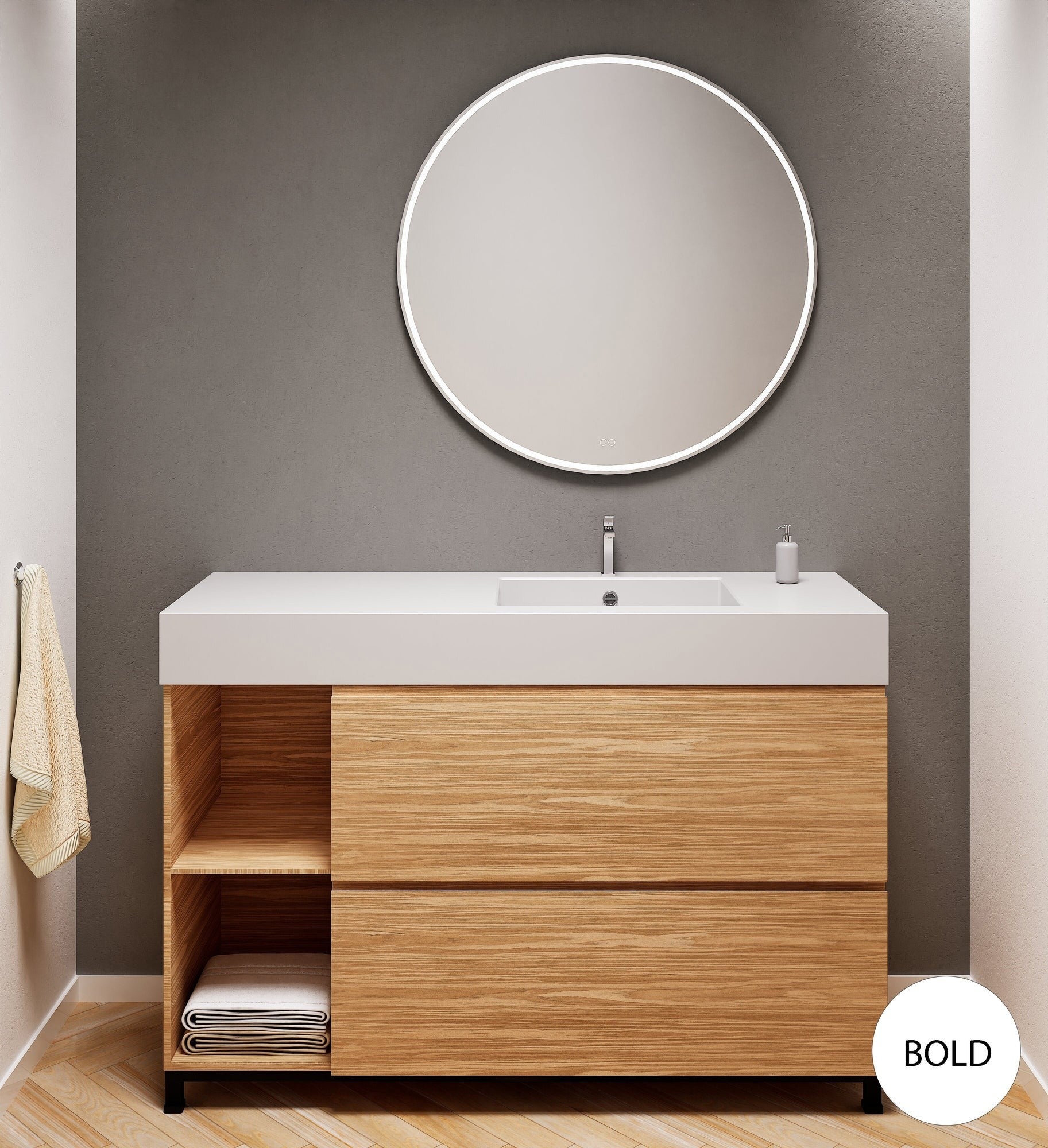 Aurora – Corian® Basin Unit with 2 Drawers, 2 Side Shelves, and Feet-Standing Vanity - ROVALUX