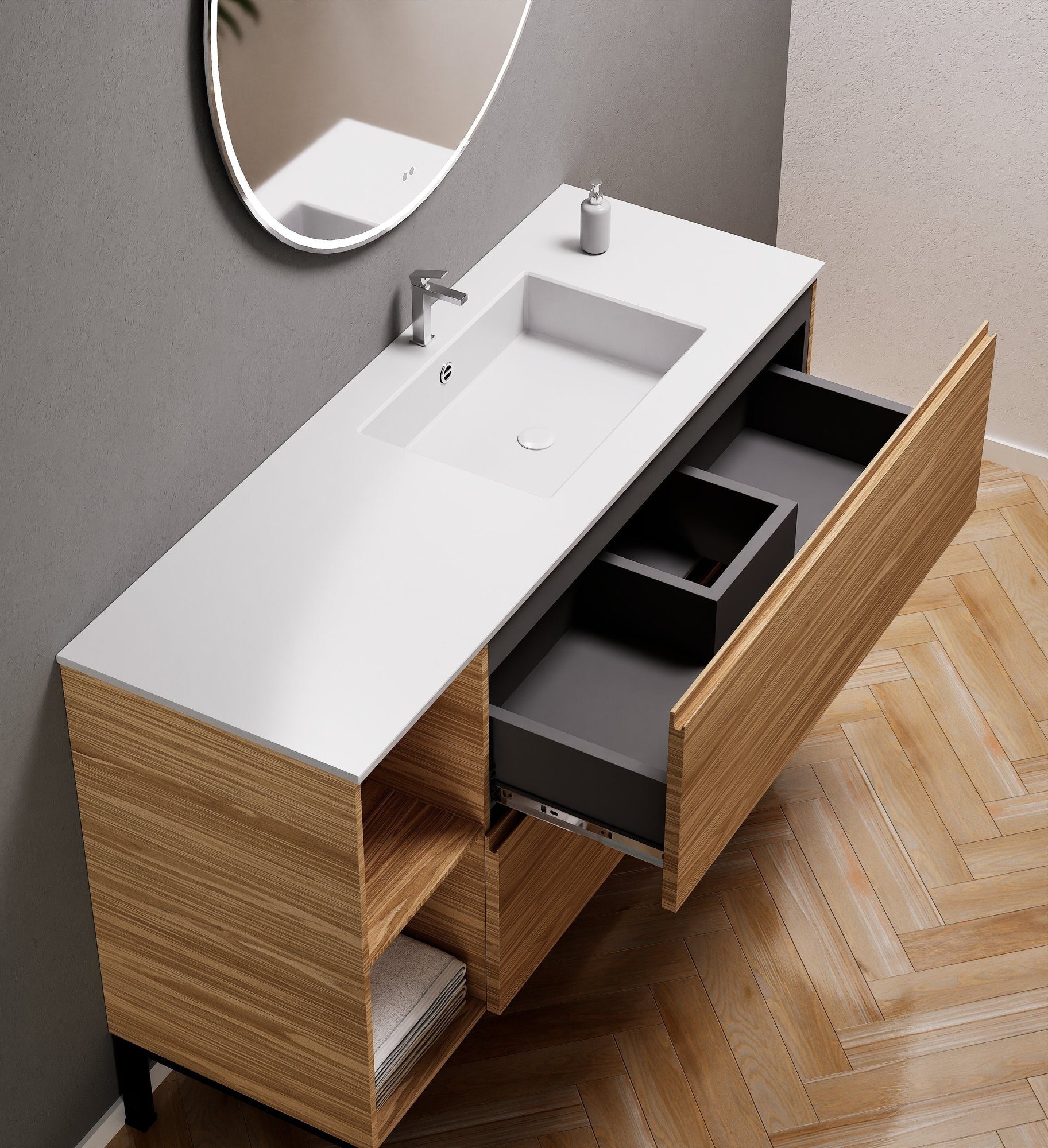Aurora – Corian® Basin Unit with 2 Drawers, 2 Side Shelves, and Feet-Standing Vanity - ROVALUX