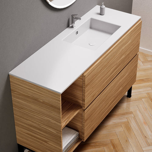 Aurora – Corian® Basin Unit with 2 Drawers, 2 Side Shelves, and Feet-Standing Vanity - ROVALUX