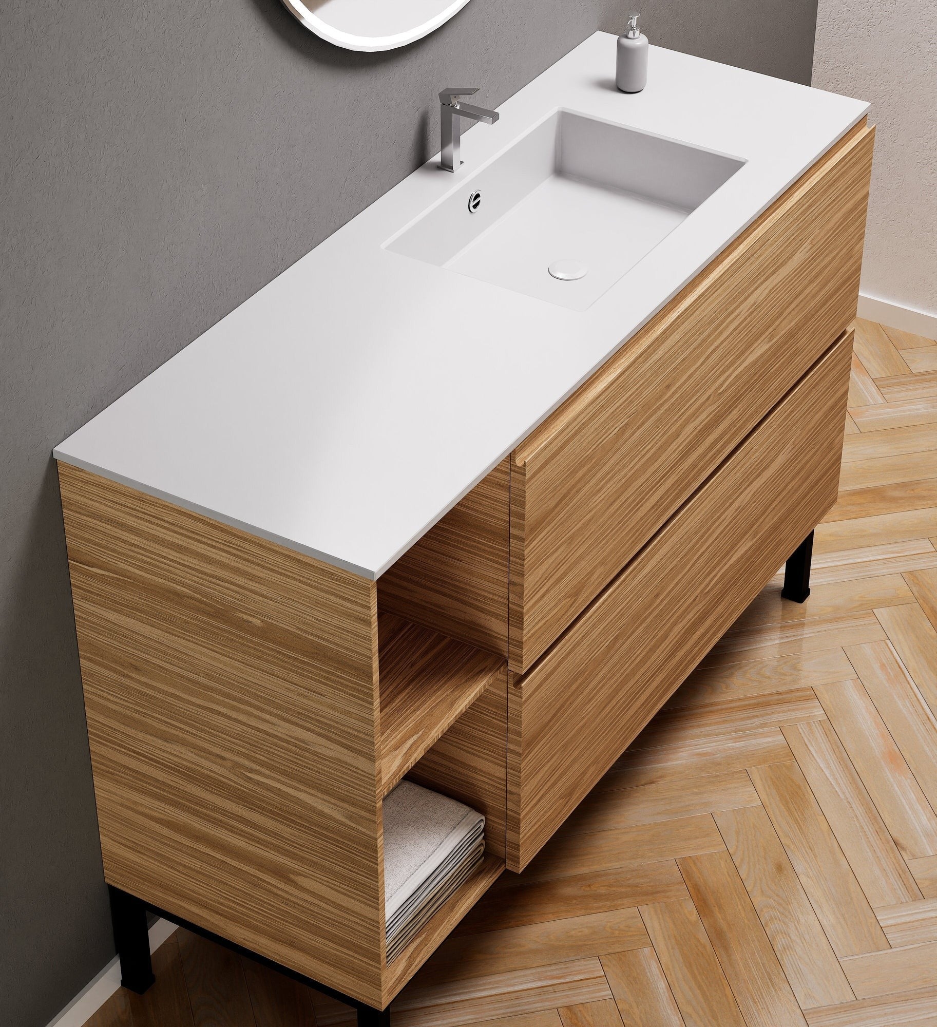 Aurora – Corian® Basin Unit with 2 Drawers, 2 Side Shelves, and Feet-Standing Vanity - ROVALUX