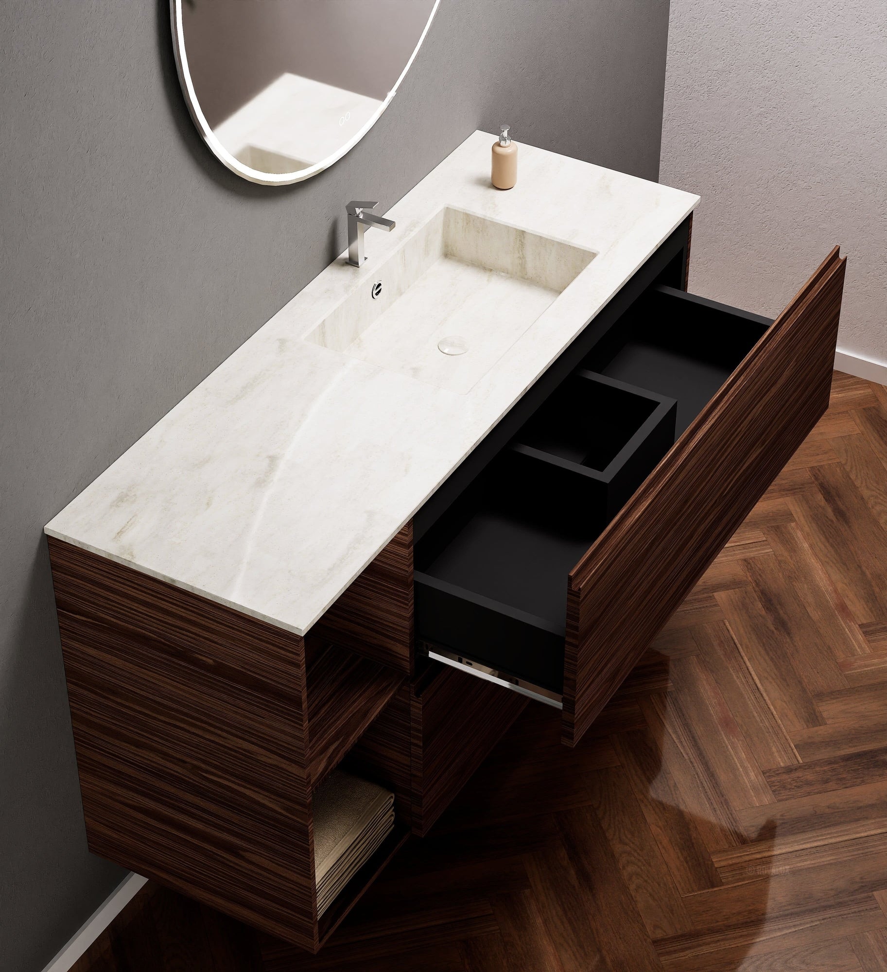 Aurora – Corian® Basin Unit with 2 Drawers and 2 Side Shelves - ROVALUX