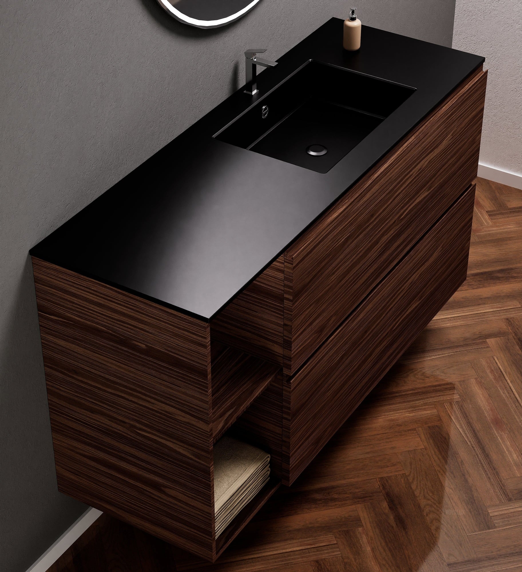 Aurora – Corian® Basin Unit with 2 Drawers and 2 Side Shelves - ROVALUX