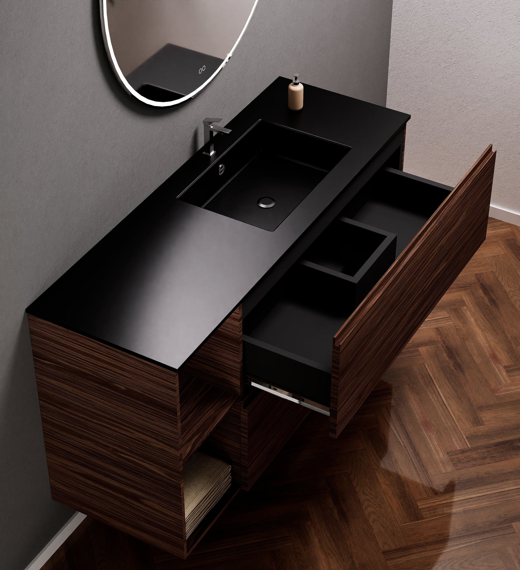 Aurora – Corian® Basin Unit with 2 Drawers and 2 Side Shelves - ROVALUX