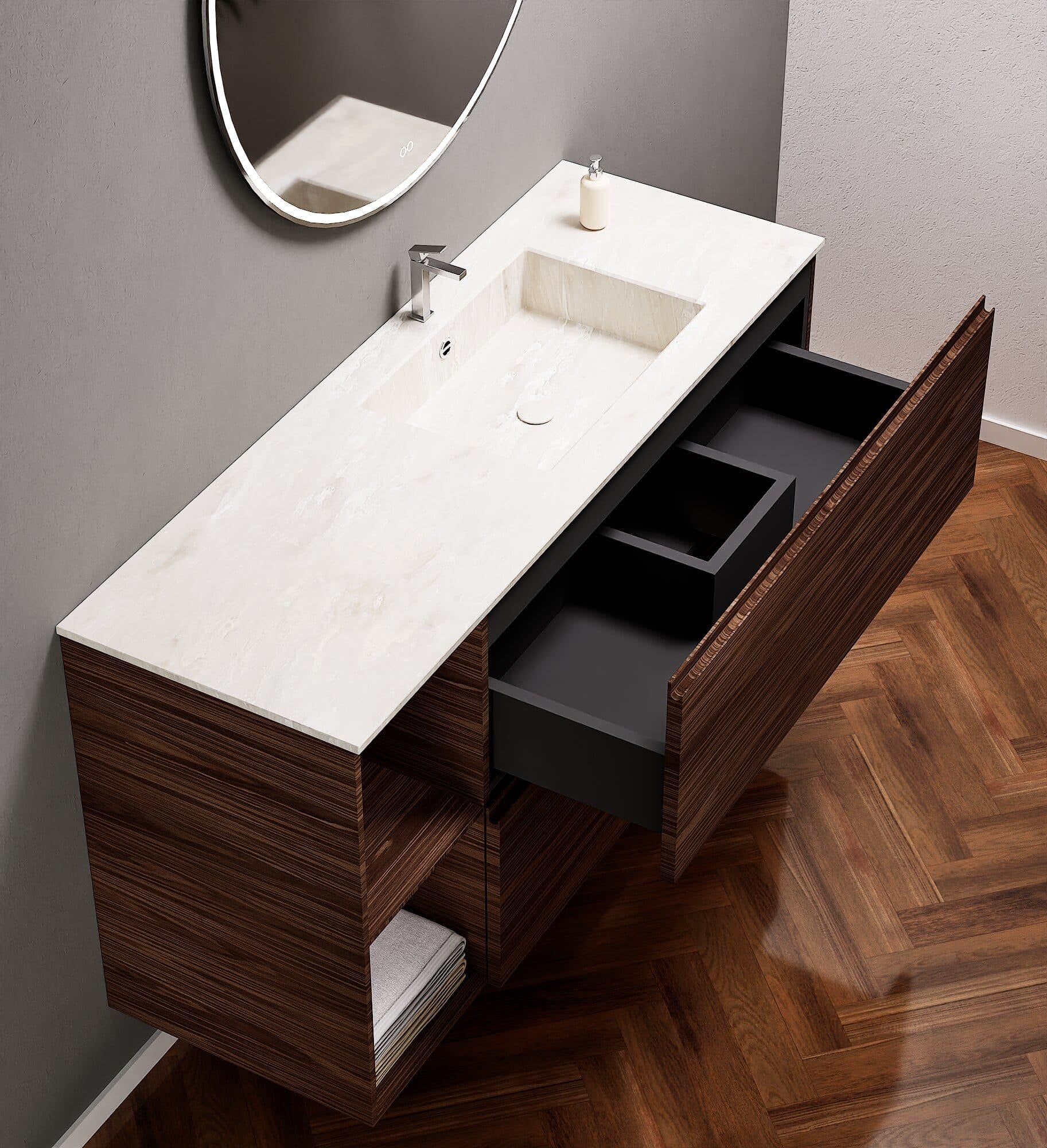 Aurora – Corian® Basin Unit with 2 Drawers and 2 Side Shelves - ROVALUX