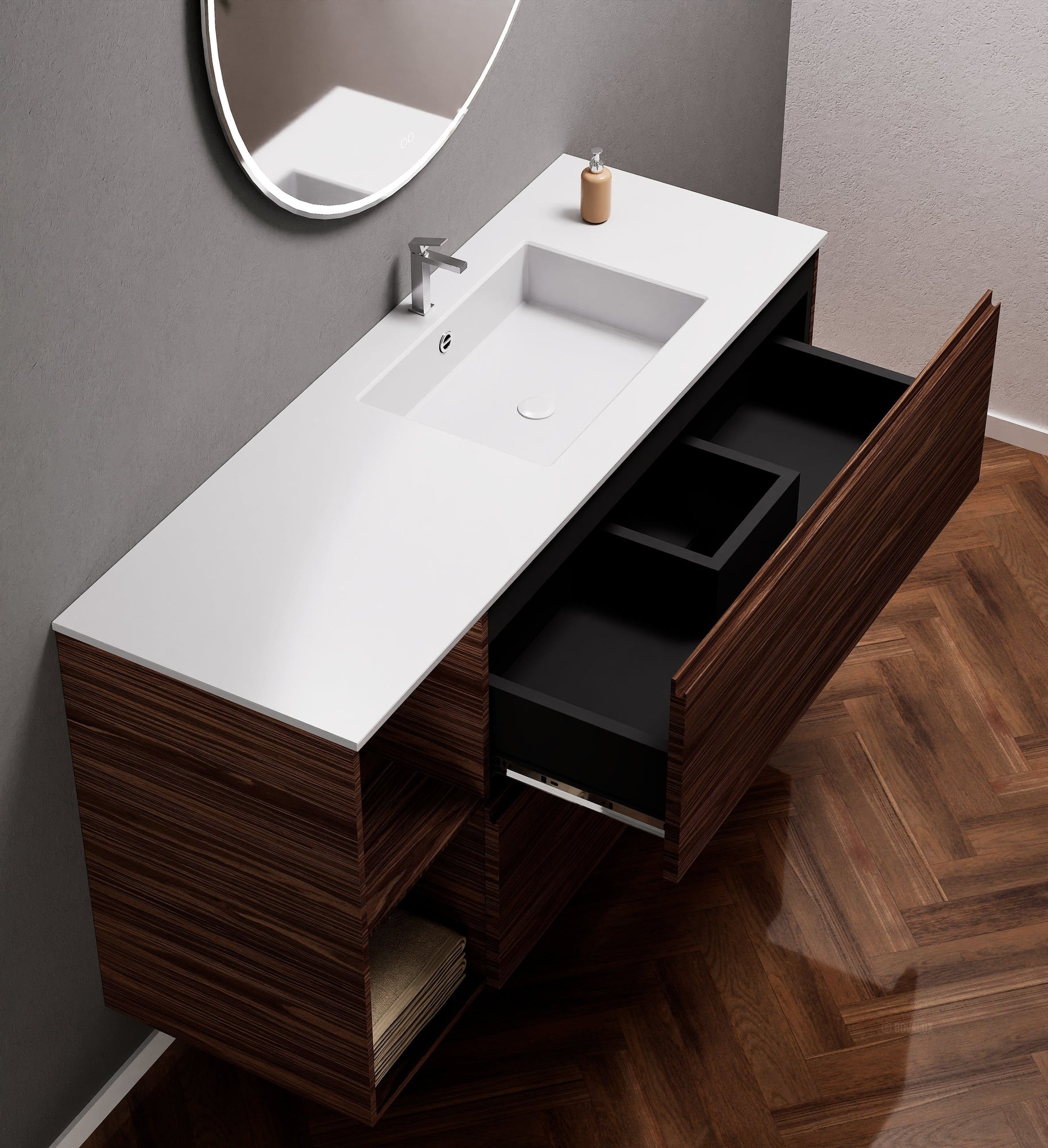 Aurora – Corian® Basin Unit with 2 Drawers and 2 Side Shelves - ROVALUX