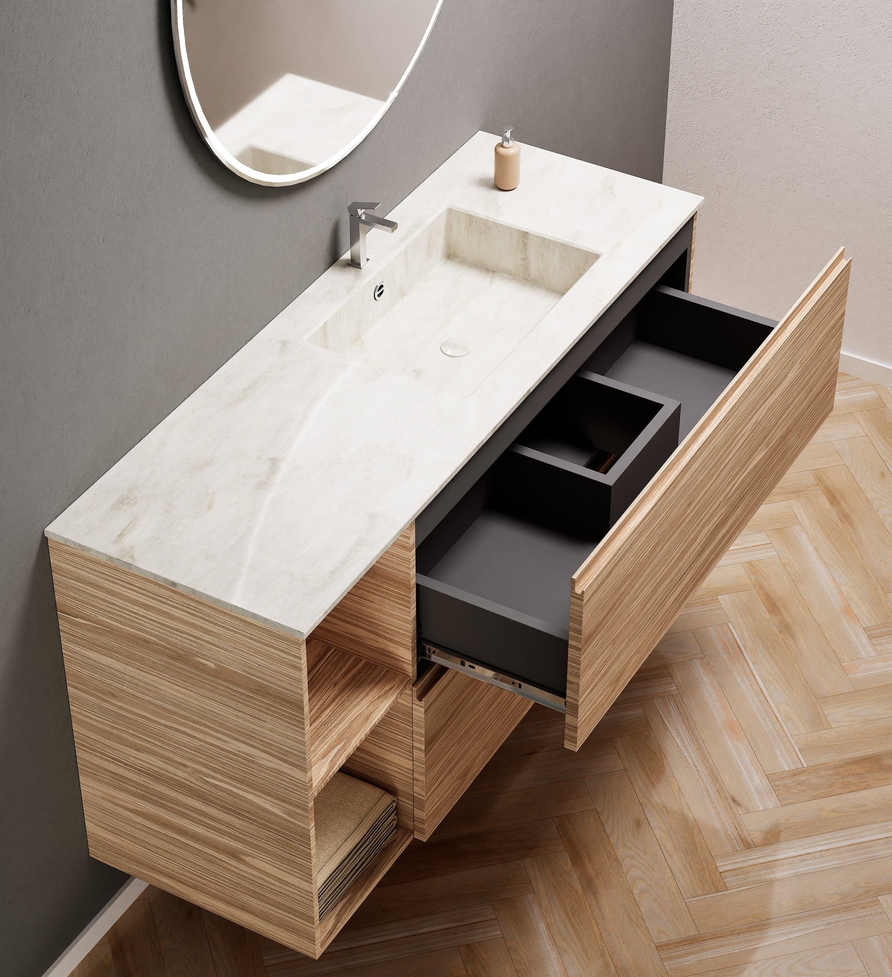 Aurora – Corian® Basin Unit with 2 Drawers and 2 Side Shelves - ROVALUX