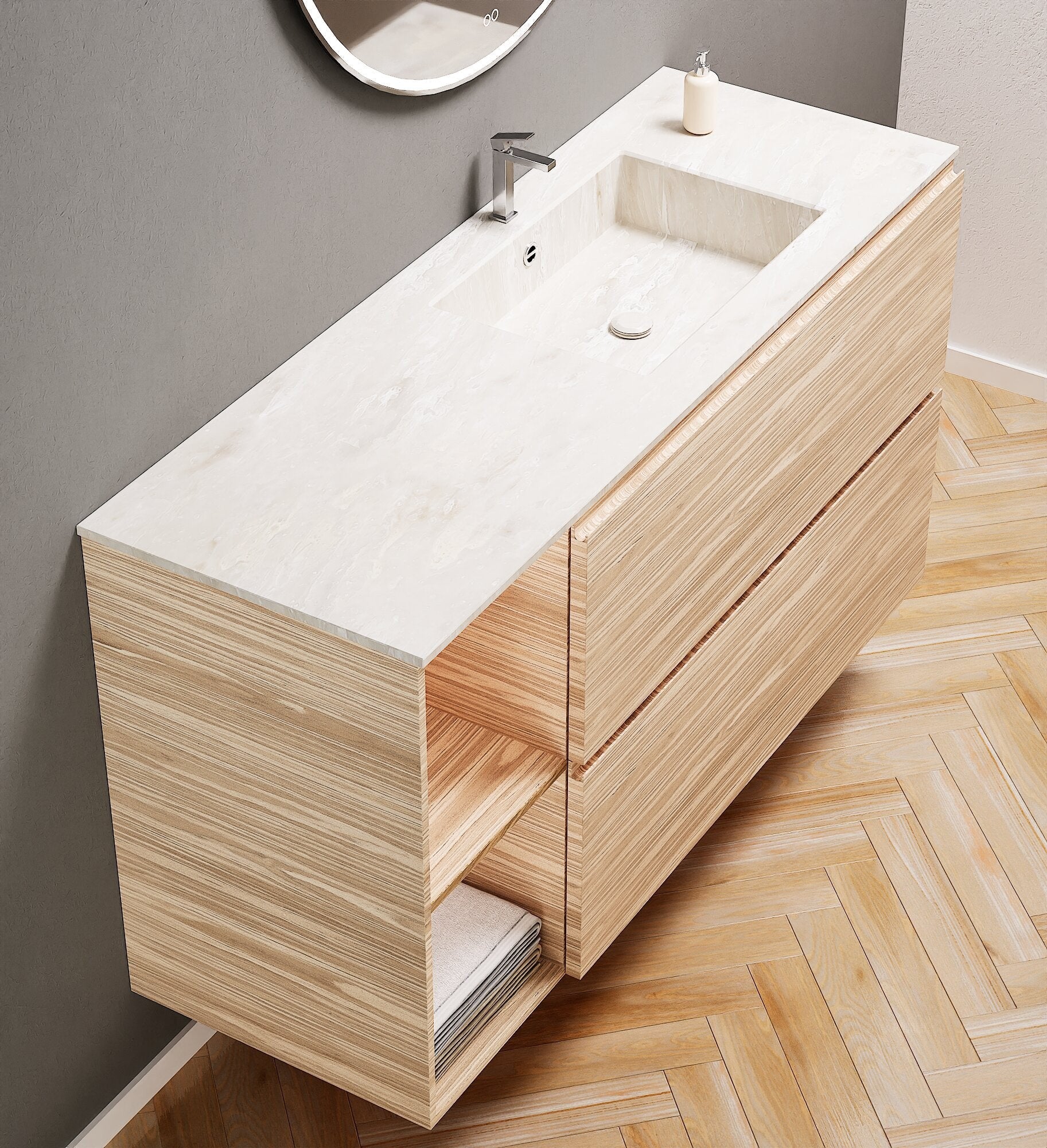 Aurora – Corian® Basin Unit with 2 Drawers and 2 Side Shelves - ROVALUX