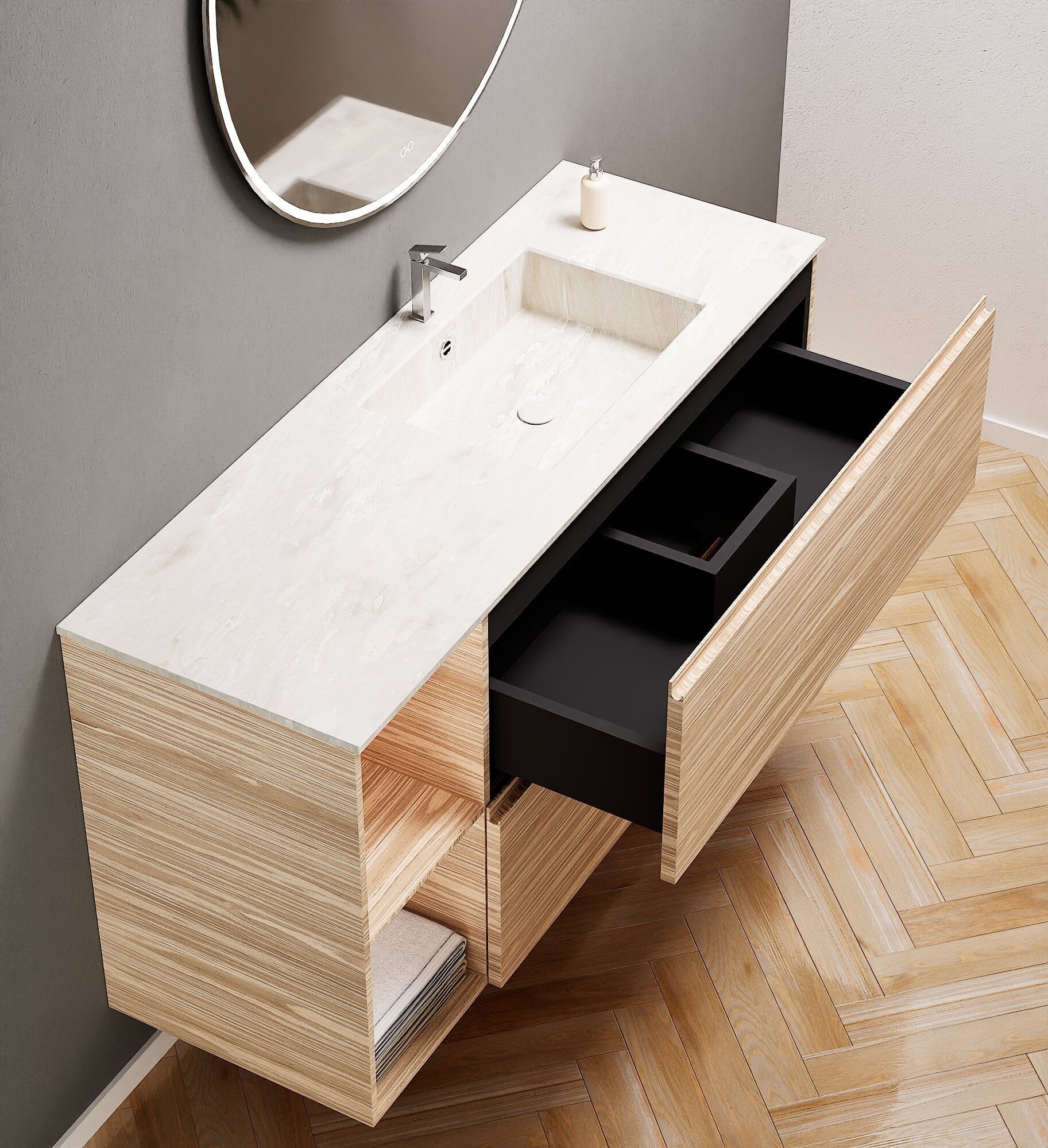 Aurora – Corian® Basin Unit with 2 Drawers and 2 Side Shelves - ROVALUX