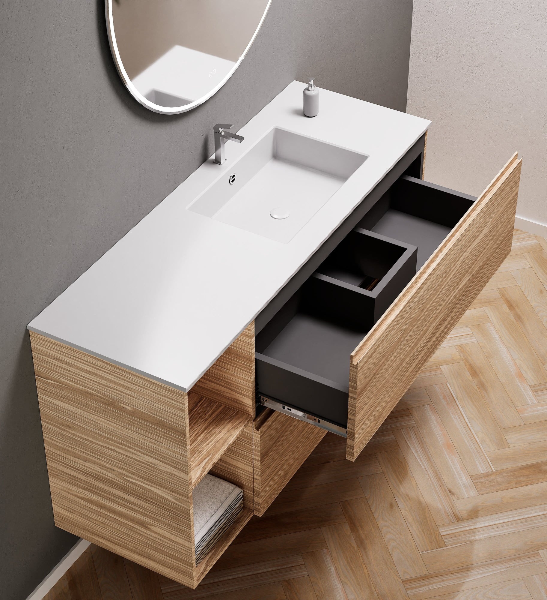 Aurora – Corian® Basin Unit with 2 Drawers and 2 Side Shelves - ROVALUX