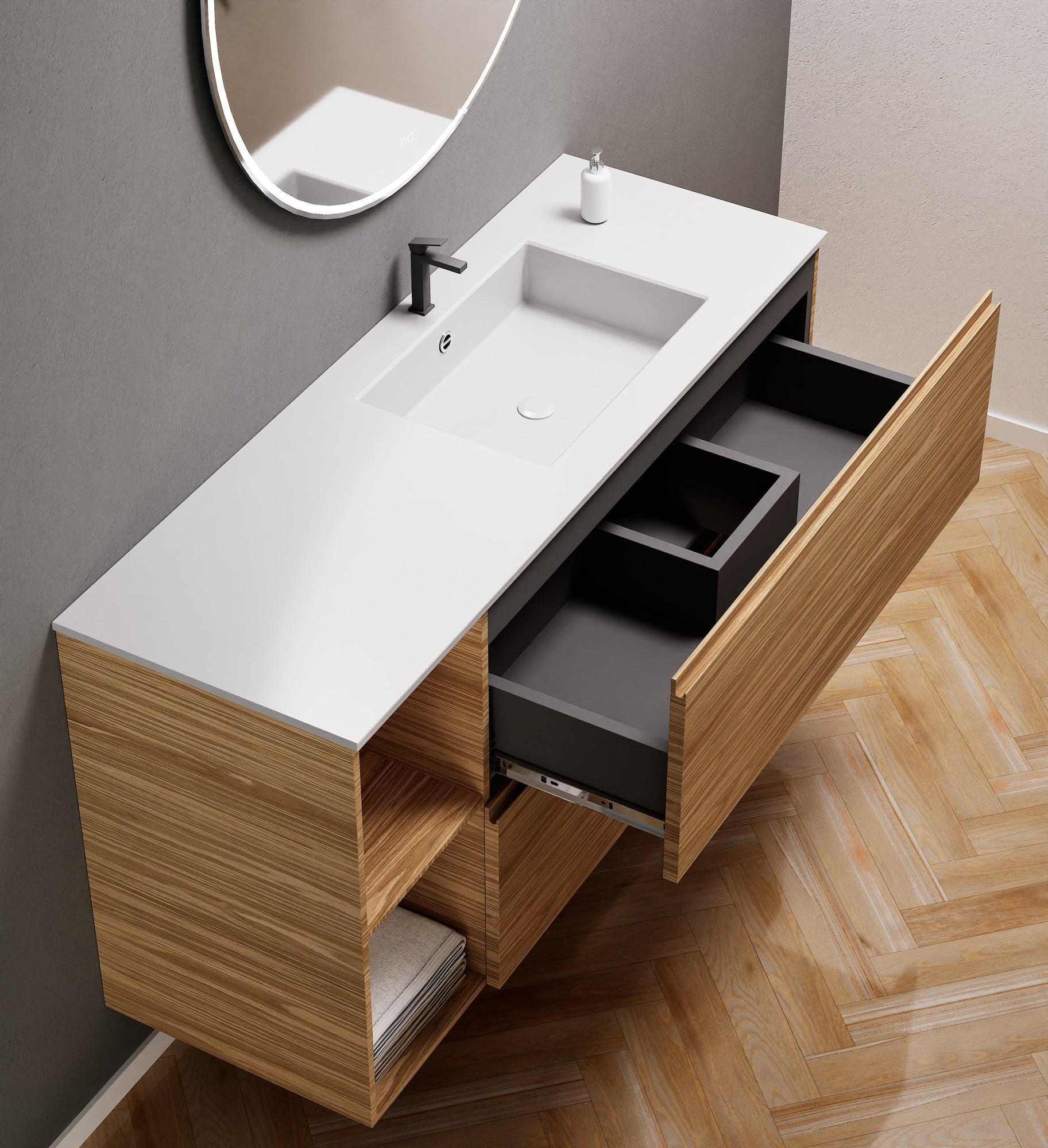 Aurora – Corian® Basin Unit with 2 Drawers and 2 Side Shelves - ROVALUX