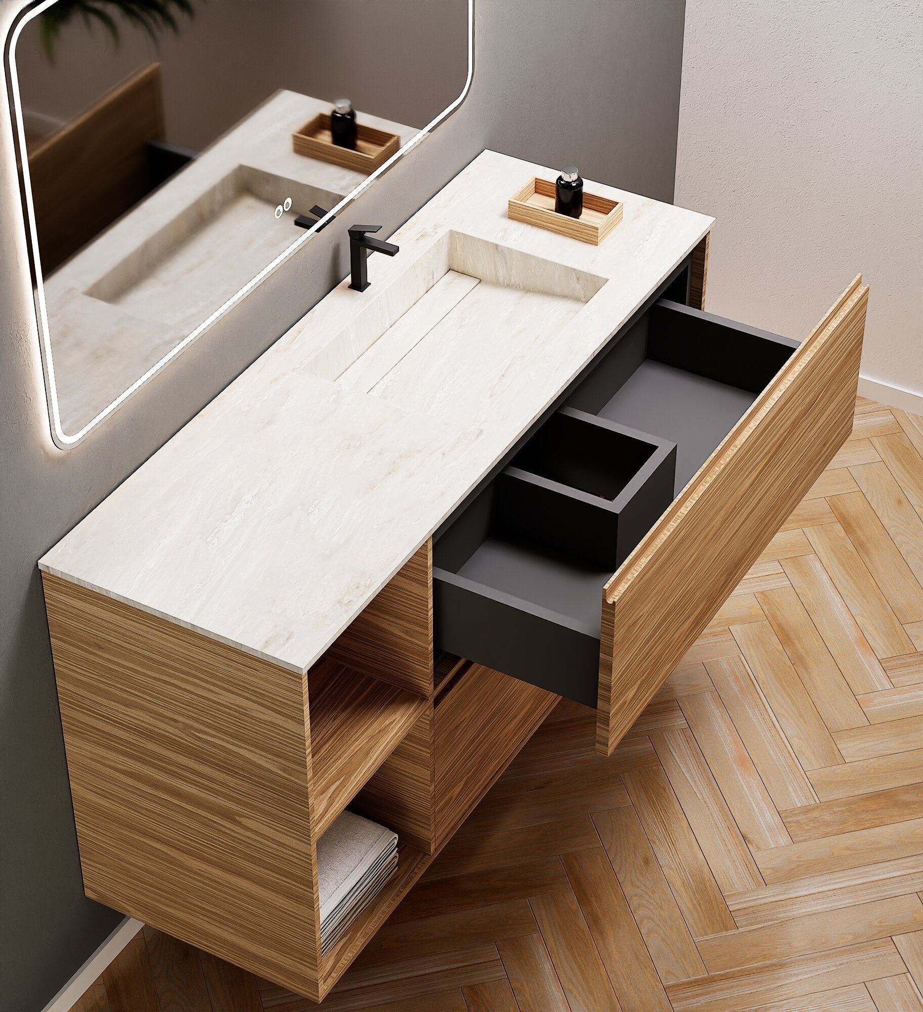 Aurora Frame – Corian® Basin with 2 Drawers and 2 Side Shelves - ROVALUX