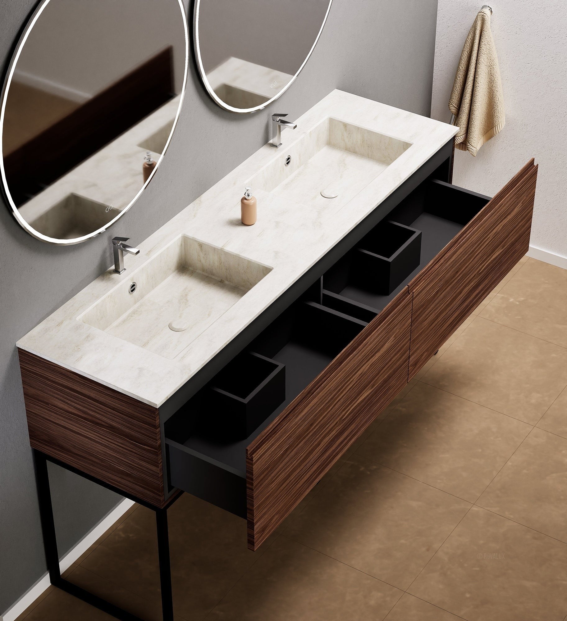 Aurora – Double Corian® Basin Unit with 2 Aligned Drawers and Feet-Standing Vanity - ROVALUX