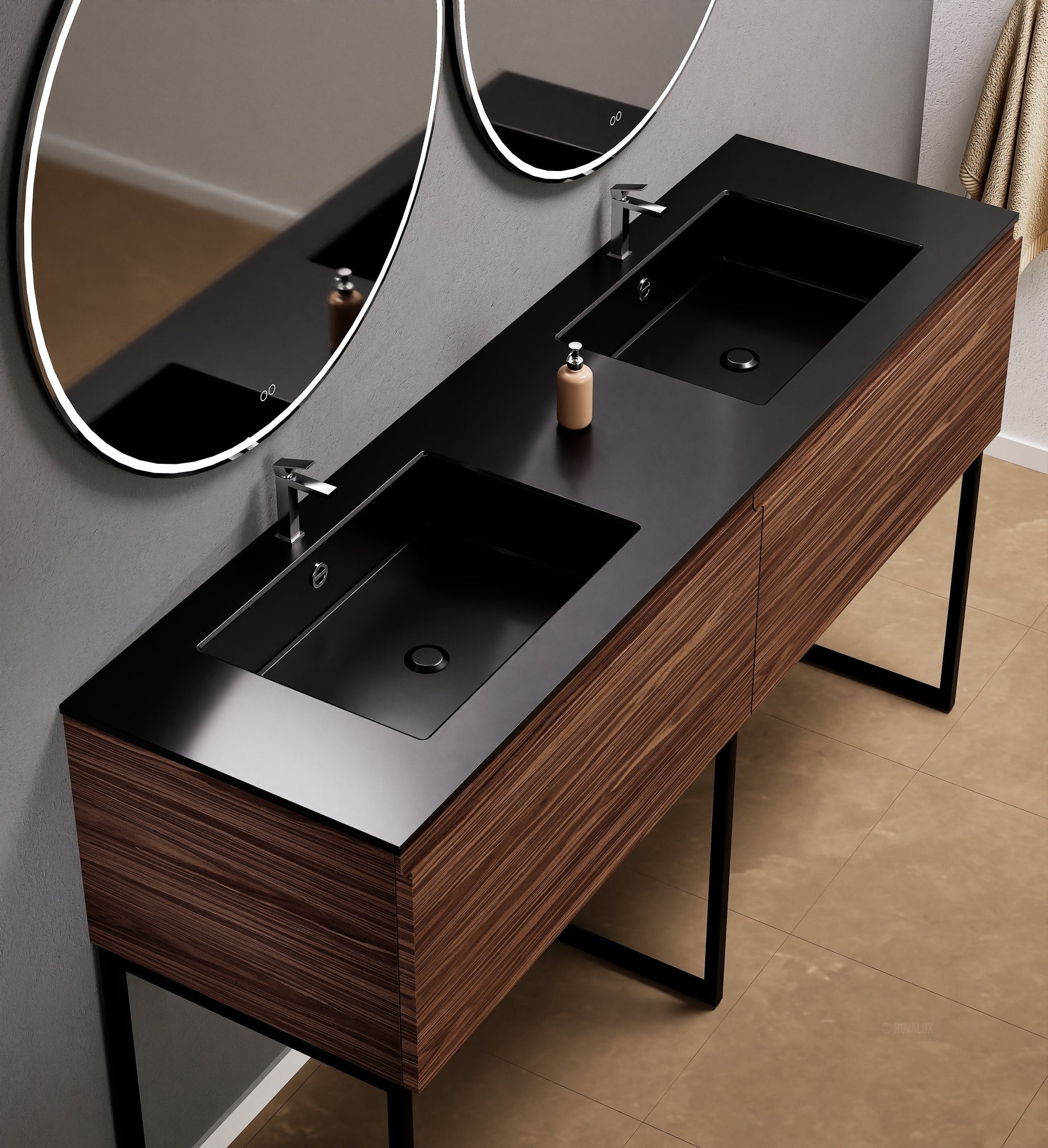 Aurora – Double Corian® Basin Unit with 2 Aligned Drawers and Feet-Standing Vanity - ROVALUX