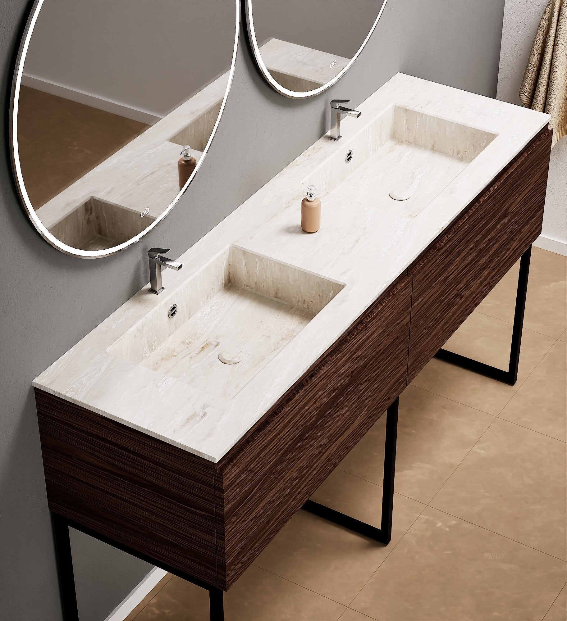 Aurora – Double Corian® Basin Unit with 2 Aligned Drawers and Feet-Standing Vanity - ROVALUX