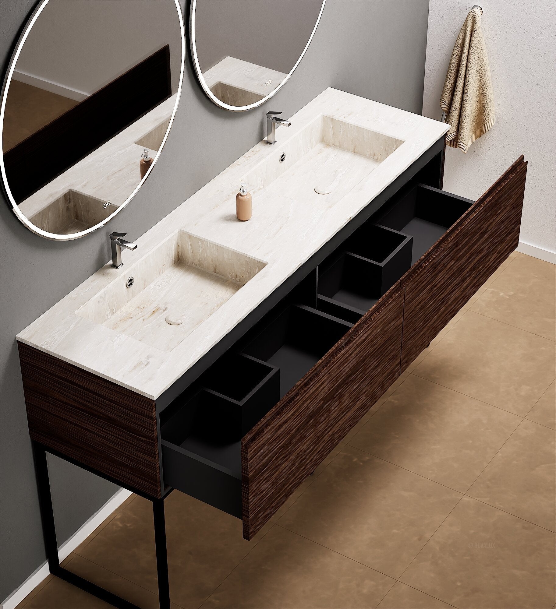 Aurora – Double Corian® Basin Unit with 2 Aligned Drawers and Feet-Standing Vanity - ROVALUX