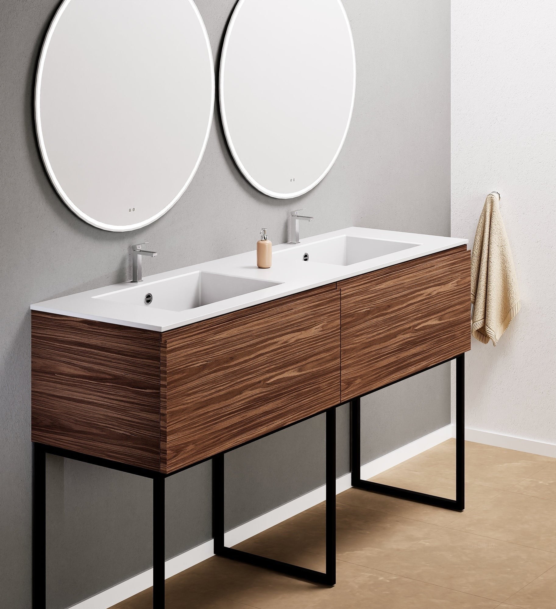 Aurora – Double Corian® Basin Unit with 2 Aligned Drawers and Feet-Standing Vanity - ROVALUX