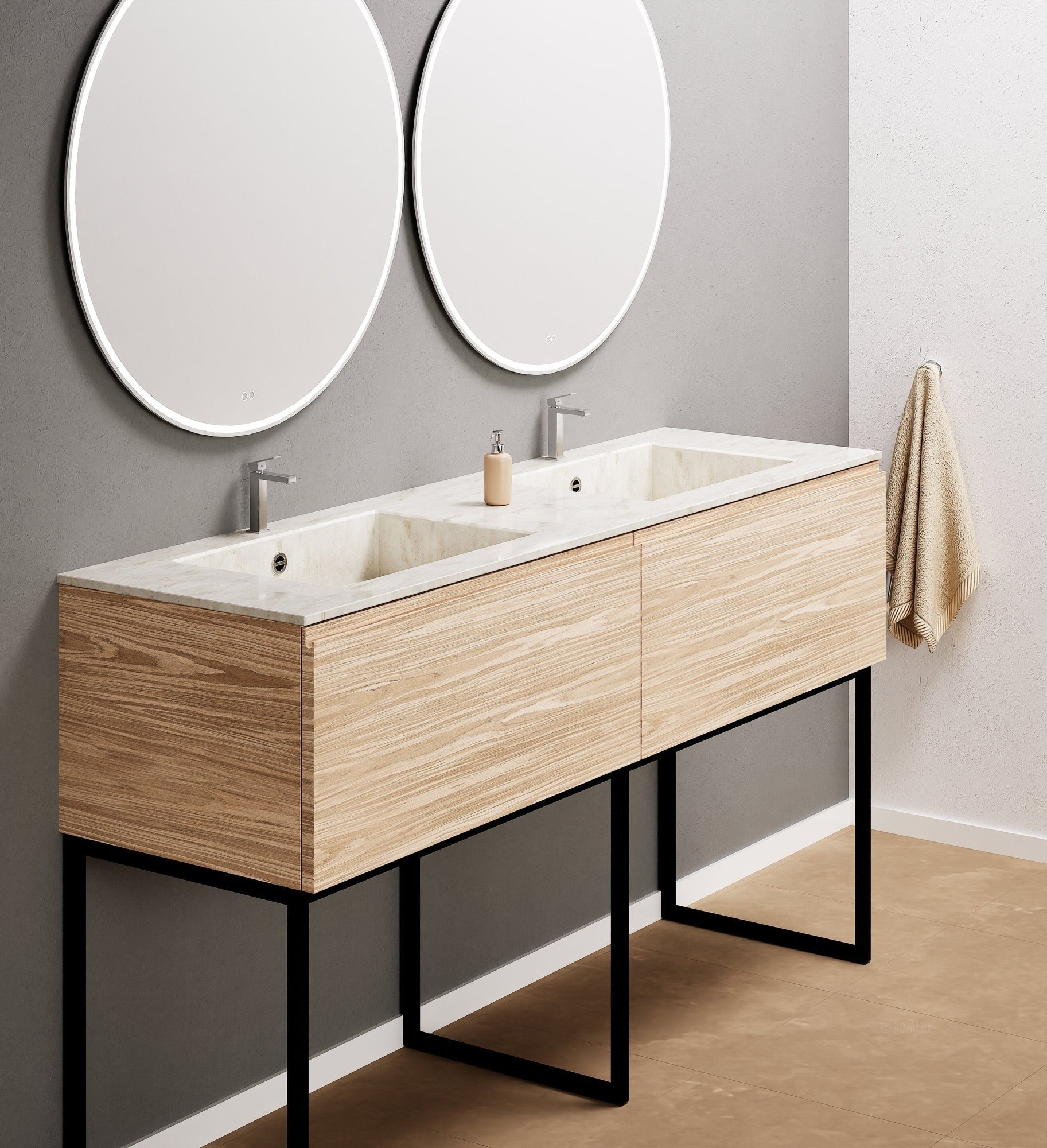 Aurora – Double Corian® Basin Unit with 2 Aligned Drawers and Feet-Standing Vanity - ROVALUX