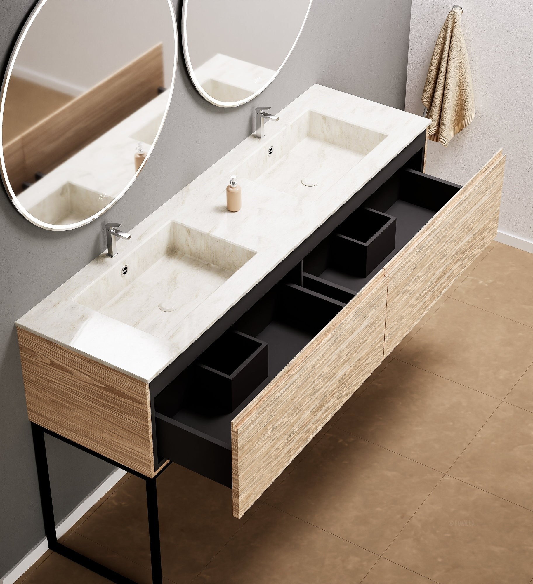Aurora – Double Corian® Basin Unit with 2 Aligned Drawers and Feet-Standing Vanity - ROVALUX