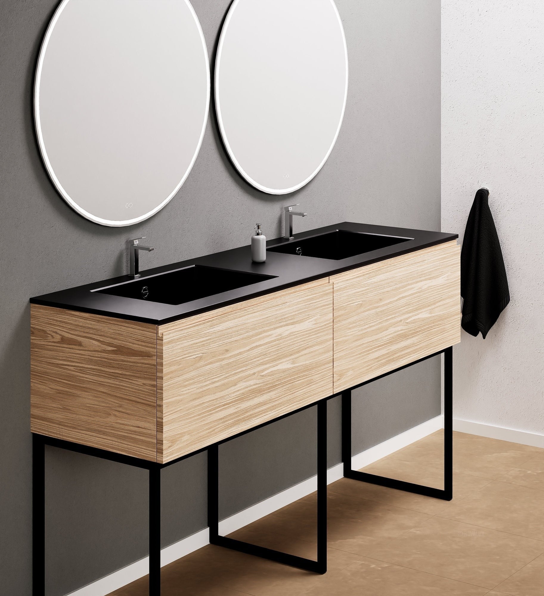 Aurora – Double Corian® Basin Unit with 2 Aligned Drawers and Feet-Standing Vanity - ROVALUX
