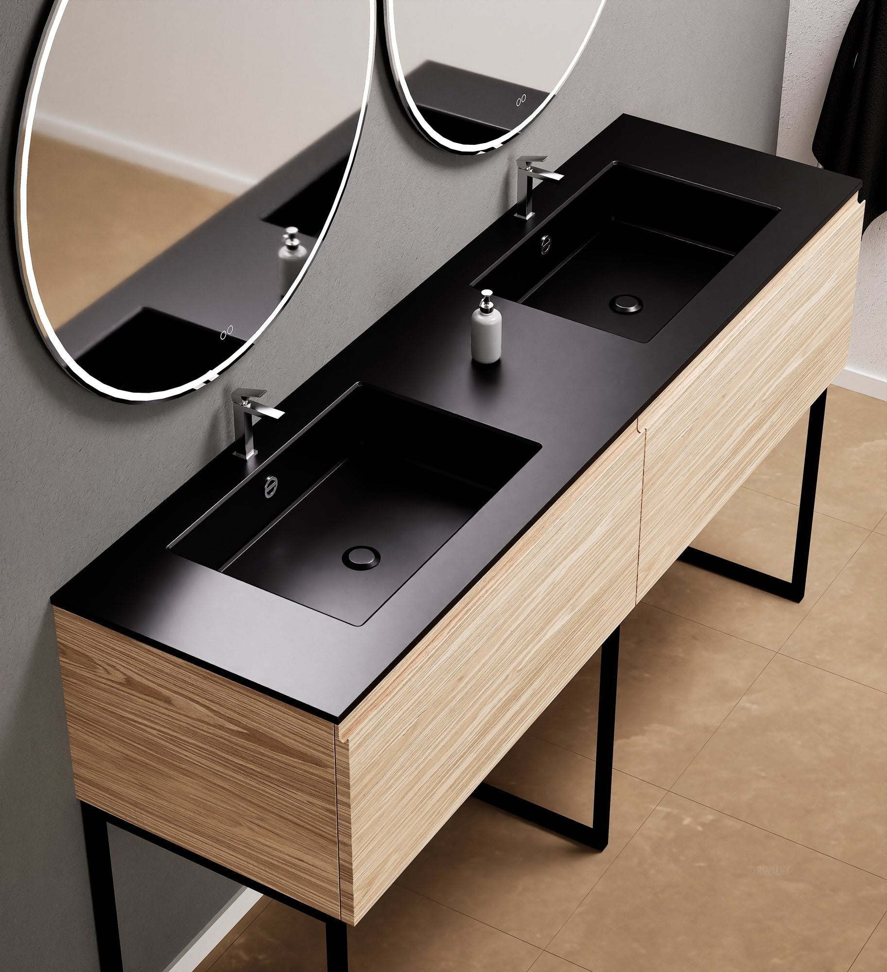 Aurora – Double Corian® Basin Unit with 2 Aligned Drawers and Feet-Standing Vanity - ROVALUX