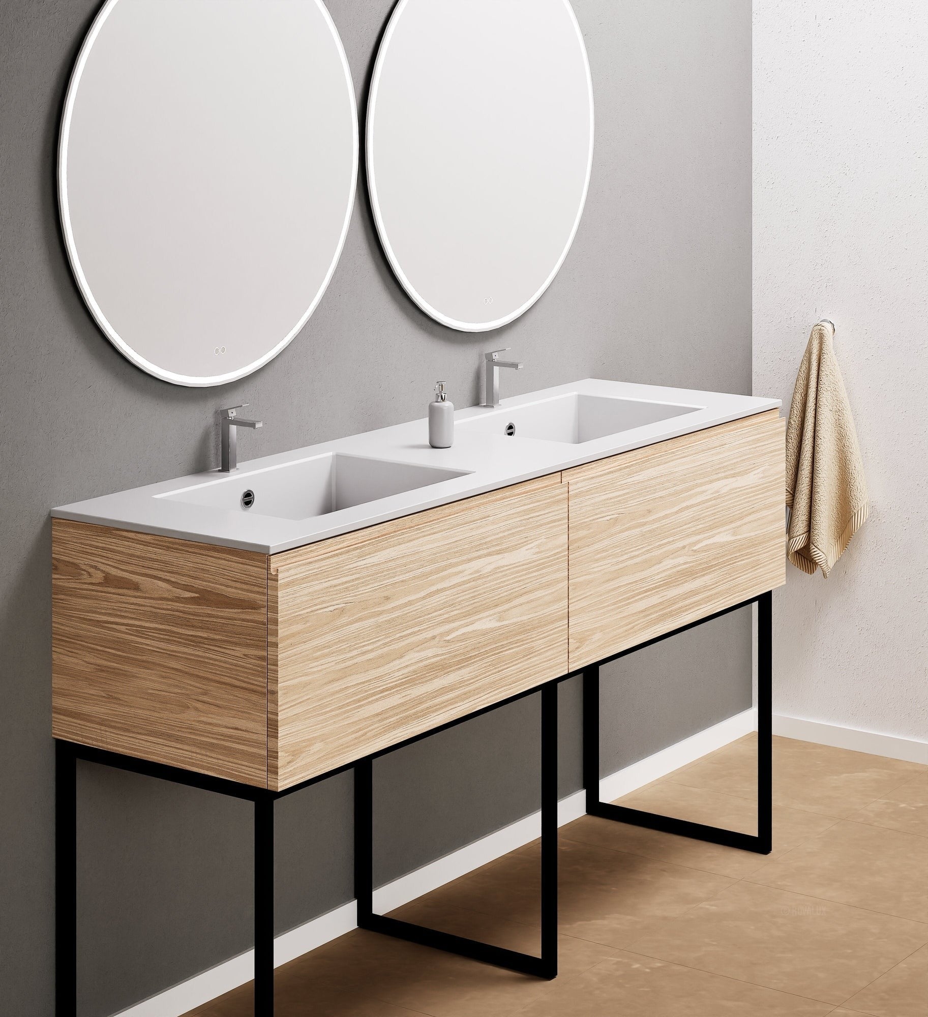 Aurora – Double Corian® Basin Unit with 2 Aligned Drawers and Feet-Standing Vanity - ROVALUX