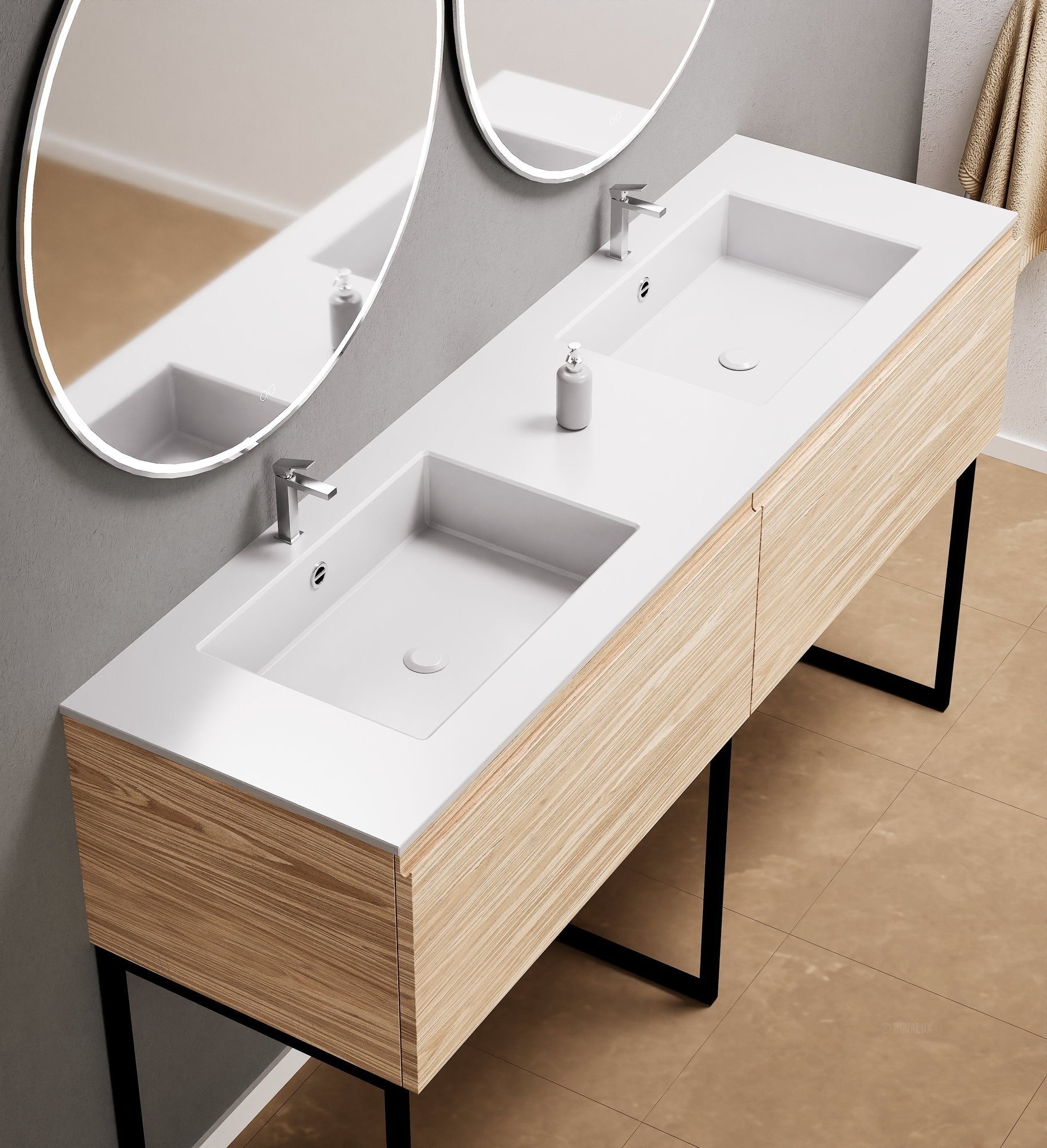 Aurora – Double Corian® Basin Unit with 2 Aligned Drawers and Feet-Standing Vanity - ROVALUX