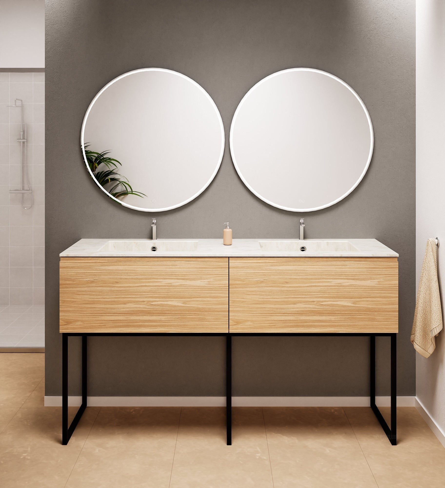 Aurora – Double Corian® Basin Unit with 2 Aligned Drawers and Feet-Standing Vanity - ROVALUX