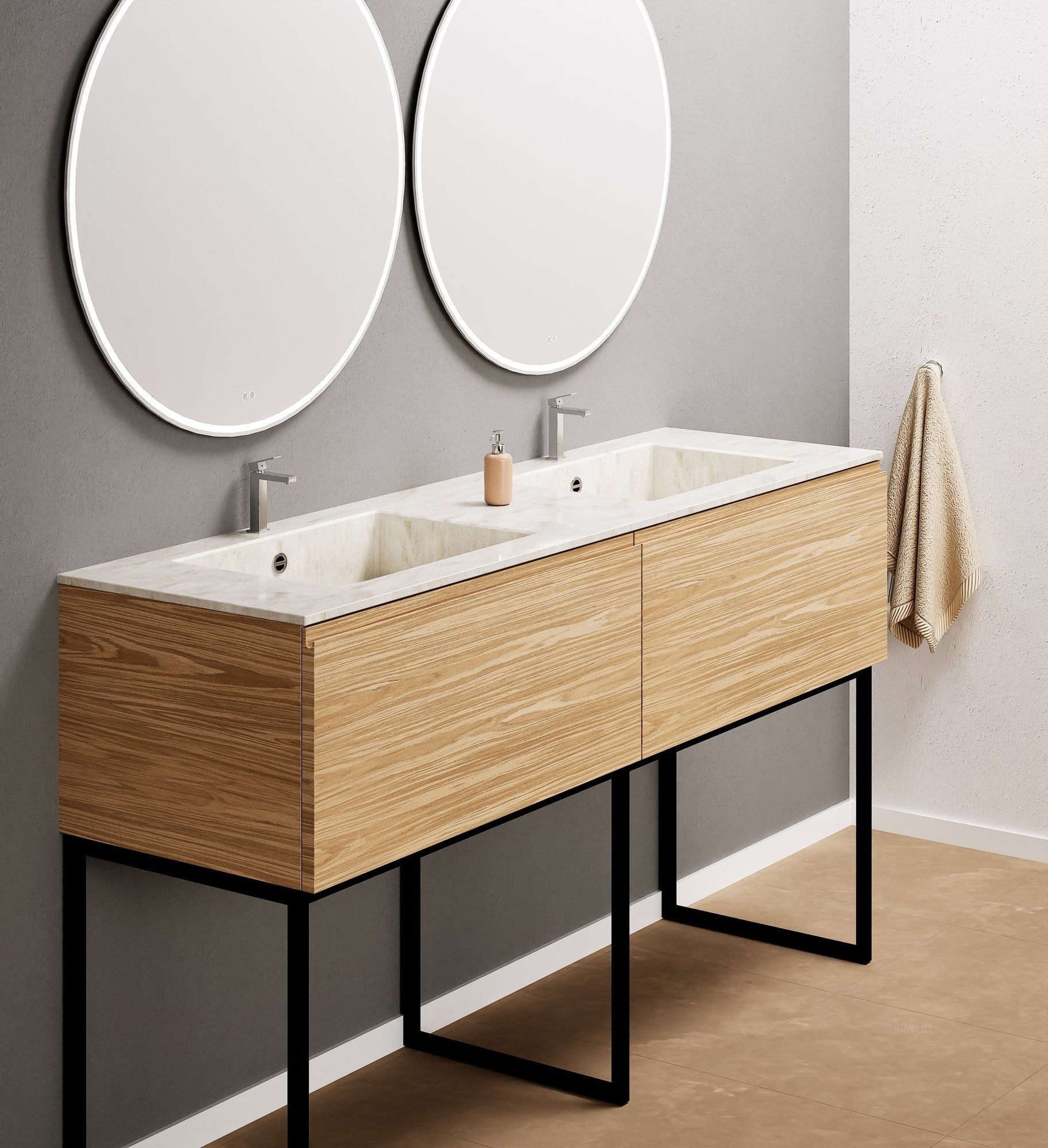 Aurora – Double Corian® Basin Unit with 2 Aligned Drawers and Feet-Standing Vanity - ROVALUX