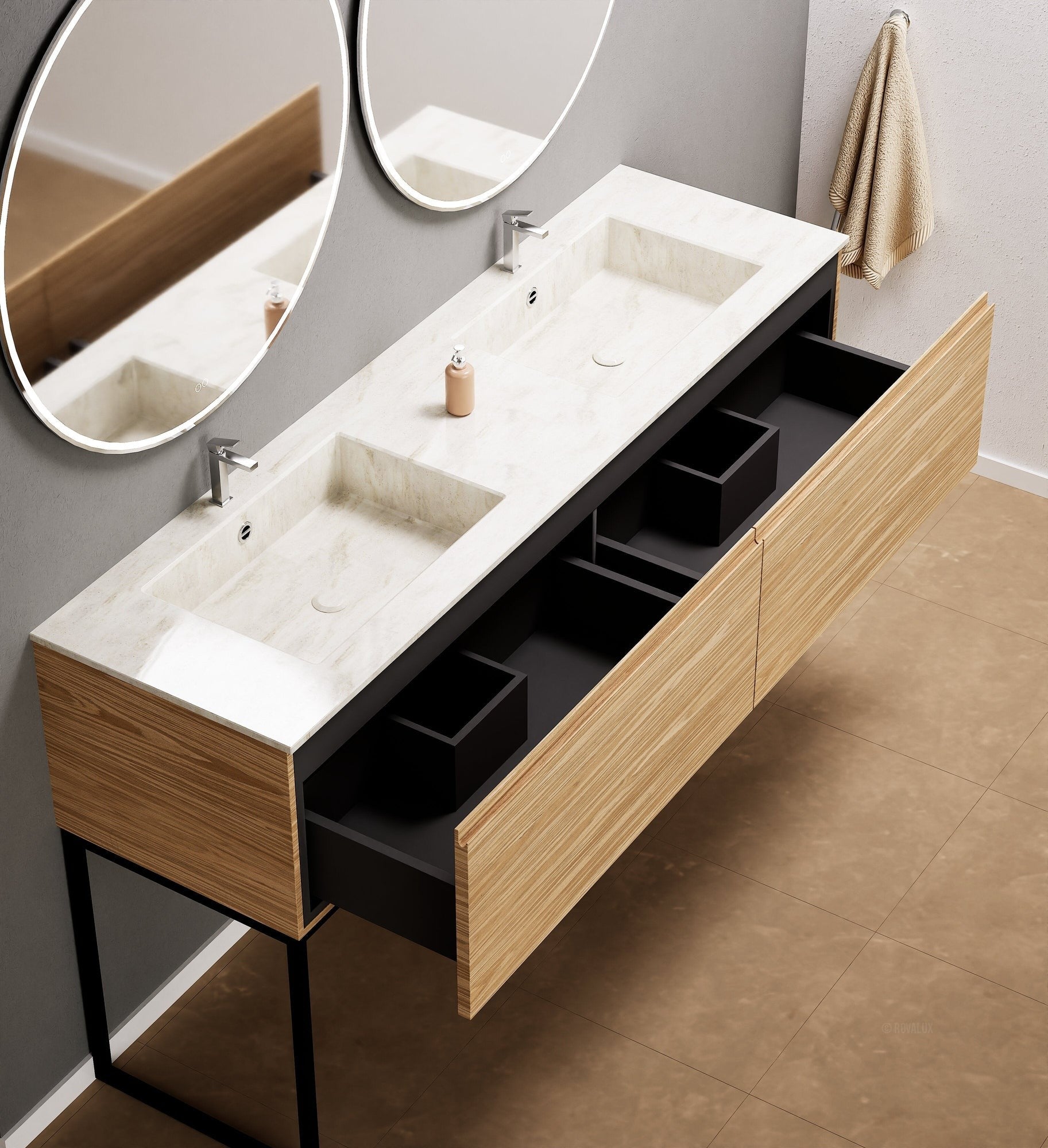 Aurora – Double Corian® Basin Unit with 2 Aligned Drawers and Feet-Standing Vanity - ROVALUX