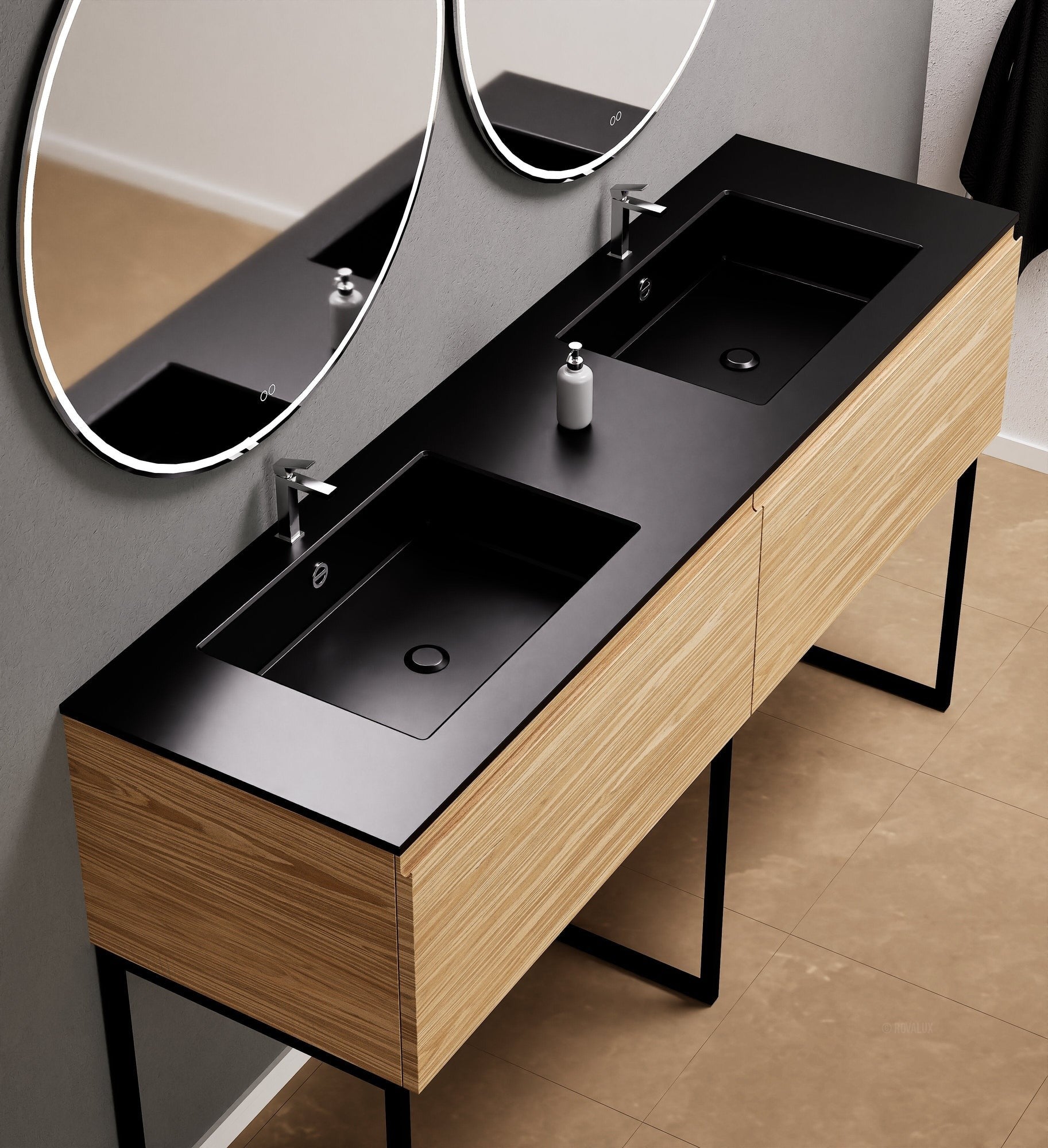 Aurora – Double Corian® Basin Unit with 2 Aligned Drawers and Feet-Standing Vanity - ROVALUX