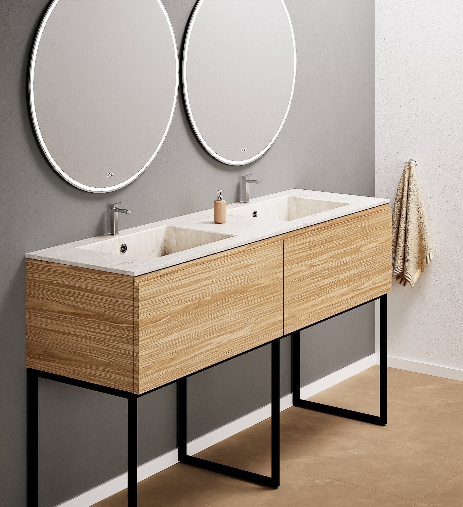 Aurora – Double Corian® Basin Unit with 2 Aligned Drawers and Feet-Standing Vanity - ROVALUX