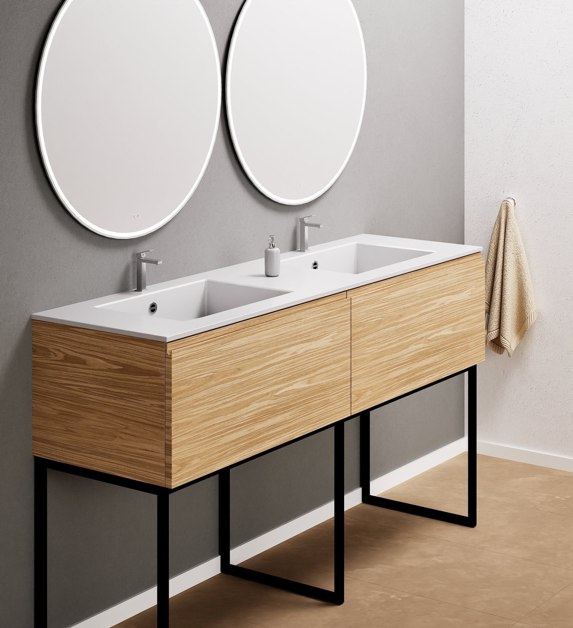 Aurora – Double Corian® Basin Unit with 2 Aligned Drawers and Feet-Standing Vanity - ROVALUX