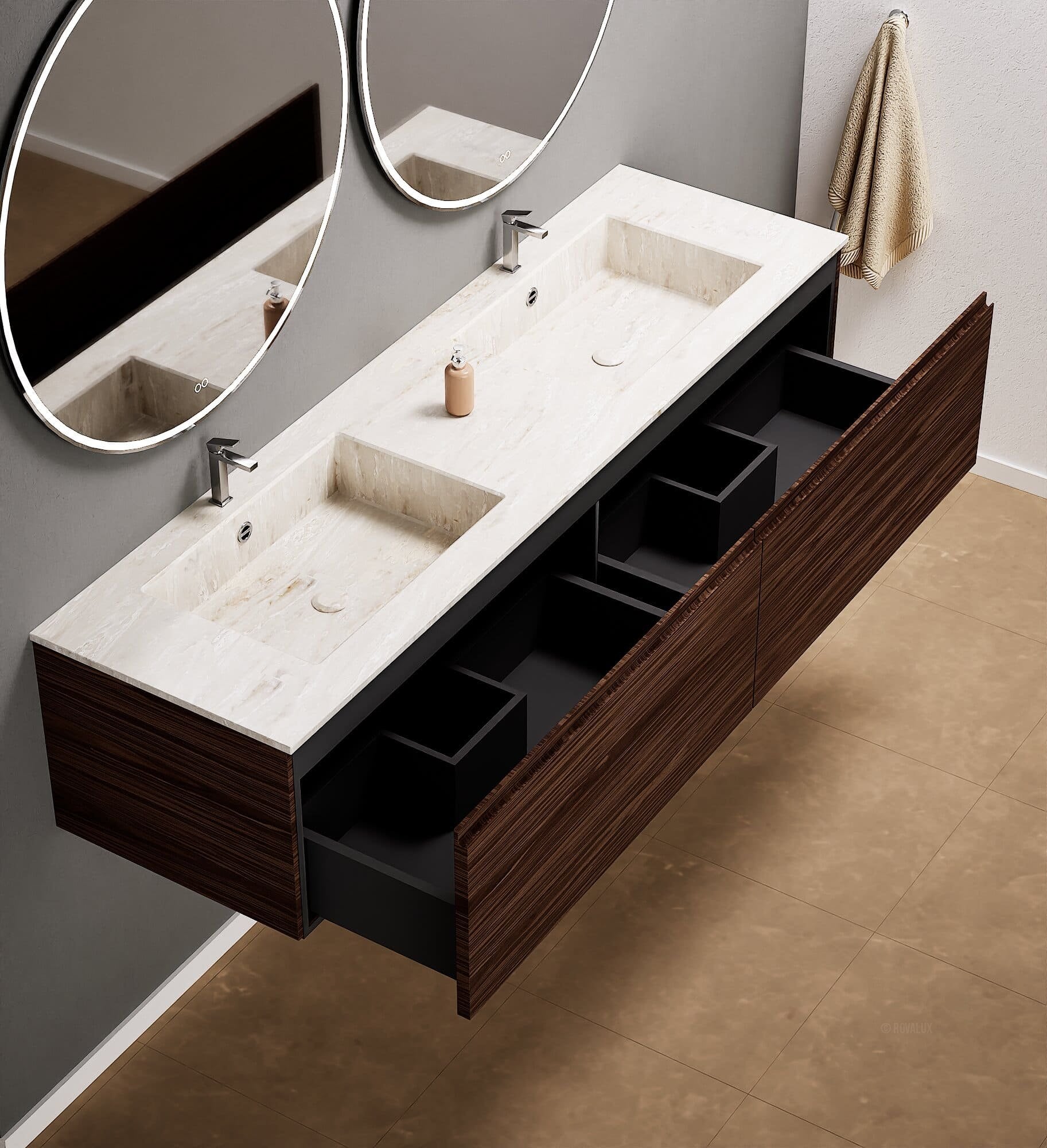 Aurora – Double Corian® Basin Unit with 2 Aligned Drawers - ROVALUX