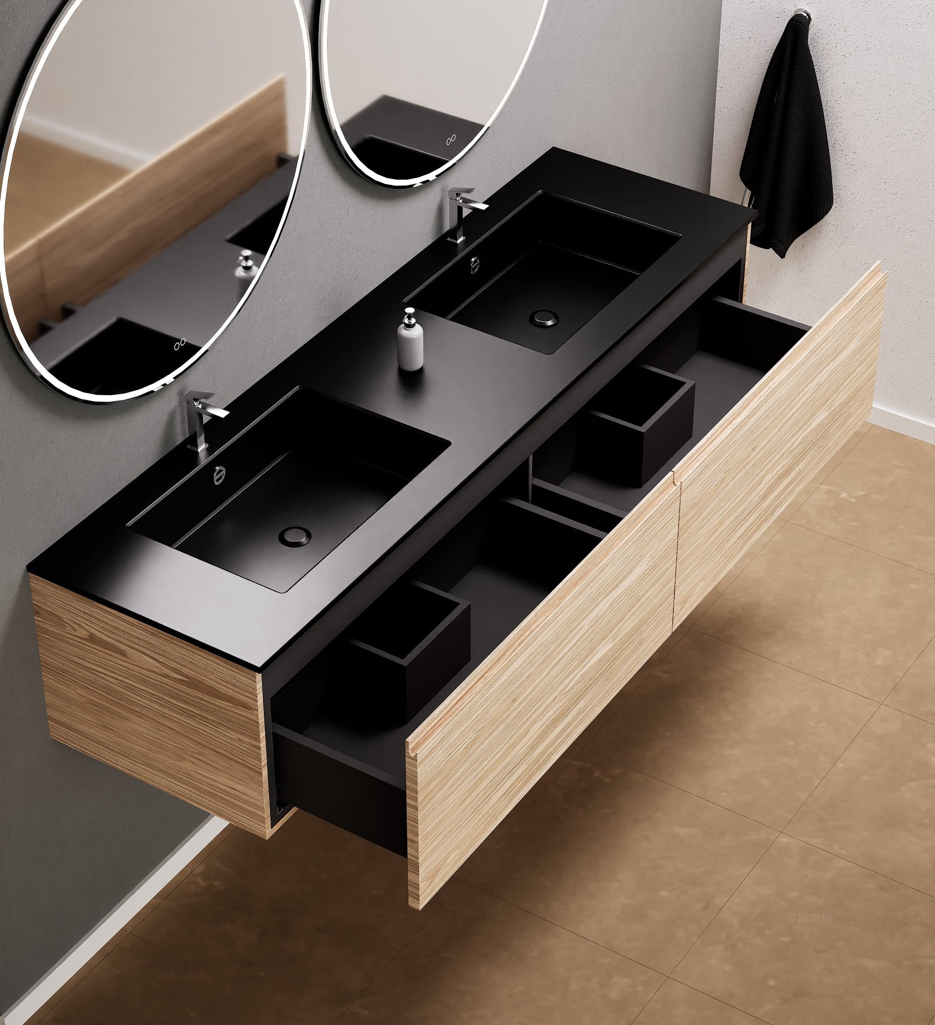 Aurora – Double Corian® Basin Unit with 2 Aligned Drawers - ROVALUX