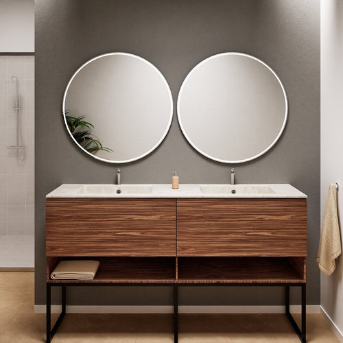 Aurora – Double Corian® Basin Unit with 2 Aligned Drawers, Bottom Shelves, and Feet-Standing Vanity - ROVALUX