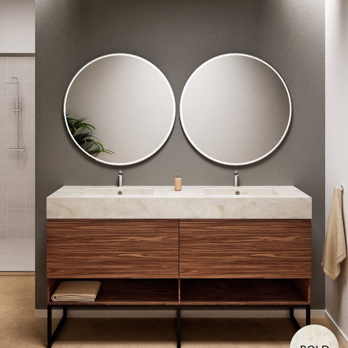 Aurora – Double Corian® Basin Unit with 2 Aligned Drawers, Bottom Shelves, and Feet-Standing Vanity - ROVALUX
