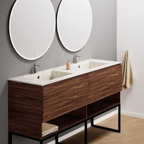 Aurora – Double Corian® Basin Unit with 2 Aligned Drawers, Bottom Shelves, and Feet-Standing Vanity - ROVALUX