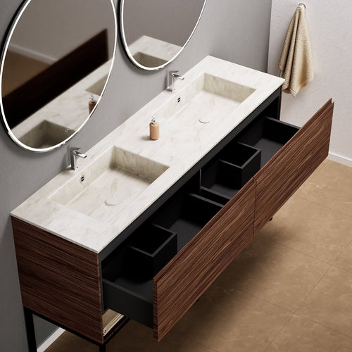 Aurora – Double Corian® Basin Unit with 2 Aligned Drawers, Bottom Shelves, and Feet-Standing Vanity - ROVALUX