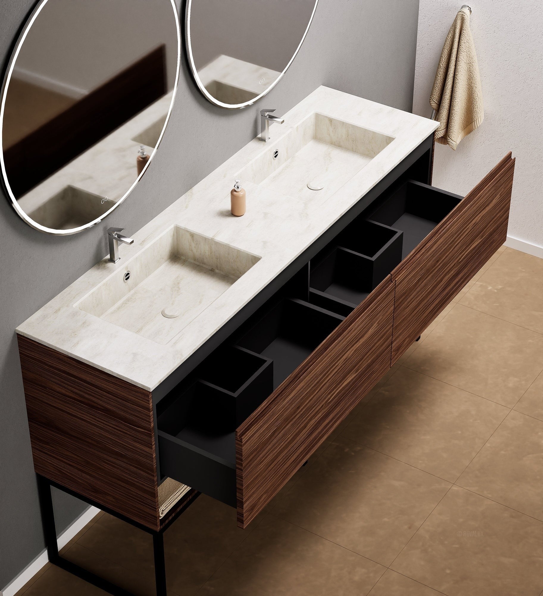 Aurora – Double Corian® Basin Unit with 2 Aligned Drawers, Bottom Shelves, and Feet-Standing Vanity - ROVALUX